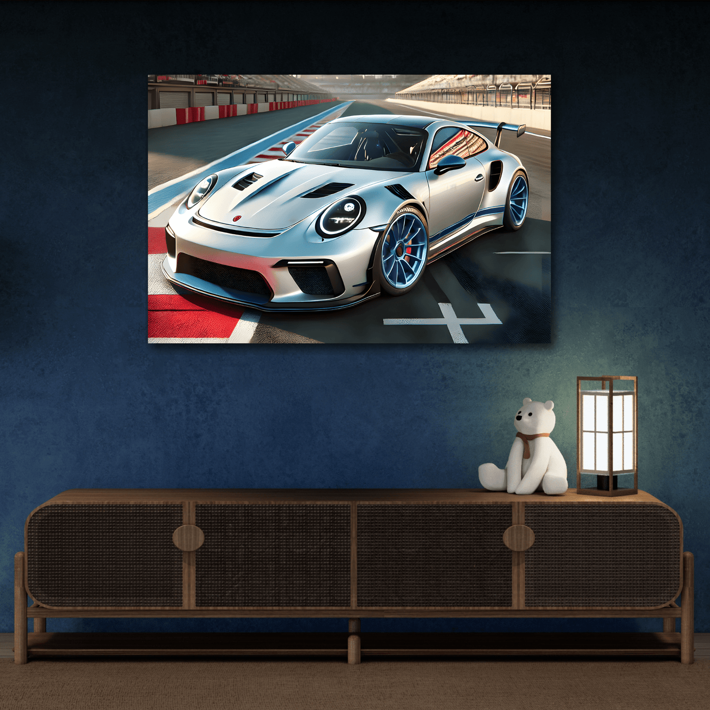 Sporty Car Canvas Print - Silver Racing Kids Room Wall Art