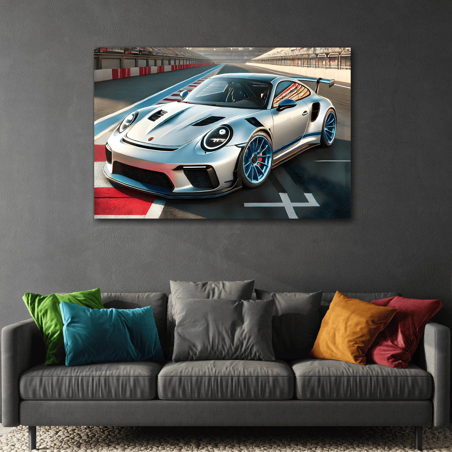 Sporty Car Canvas Print - Silver Racing Kids Room Wall Art