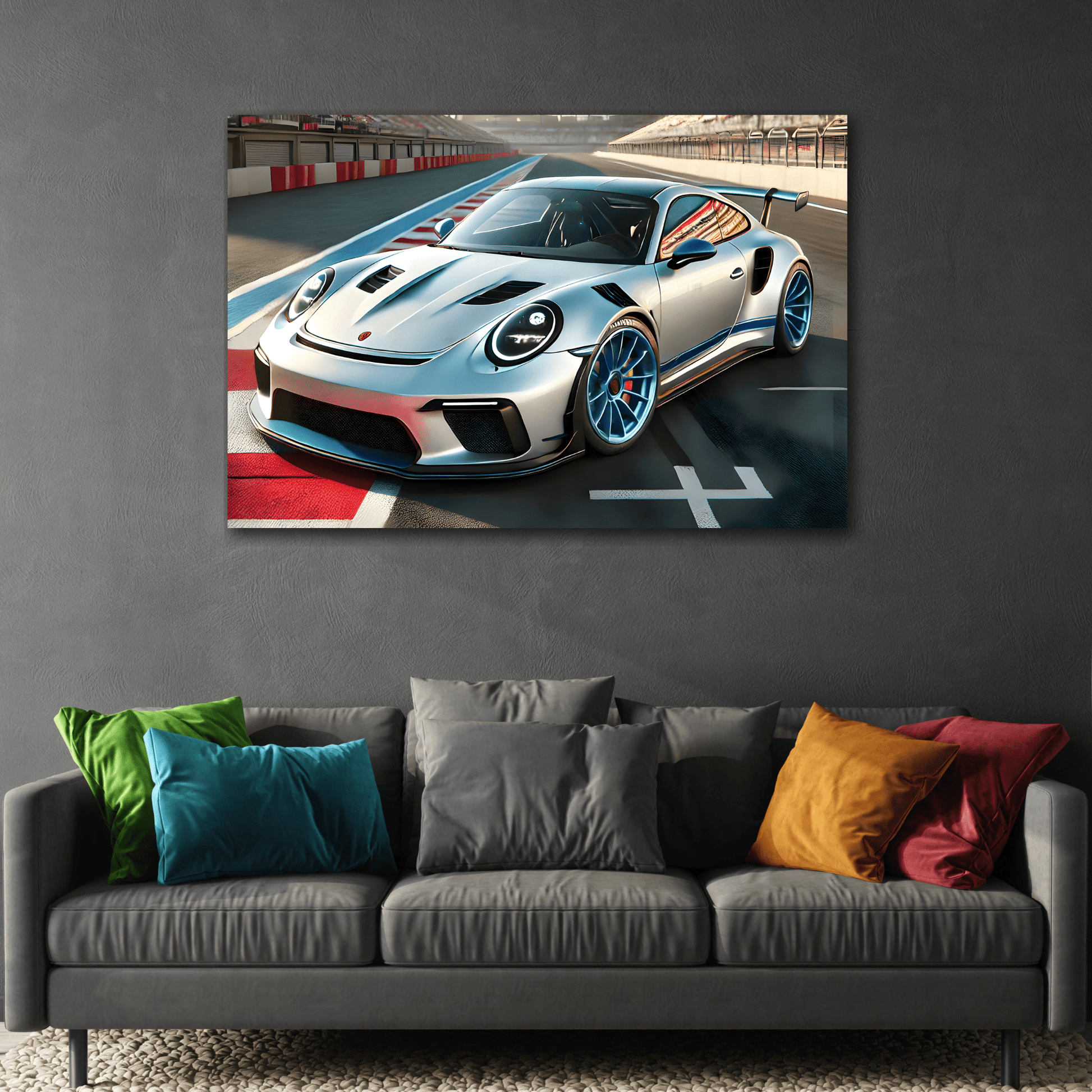 Sporty Car Canvas Print - Silver Racing Kids Room Wall Art