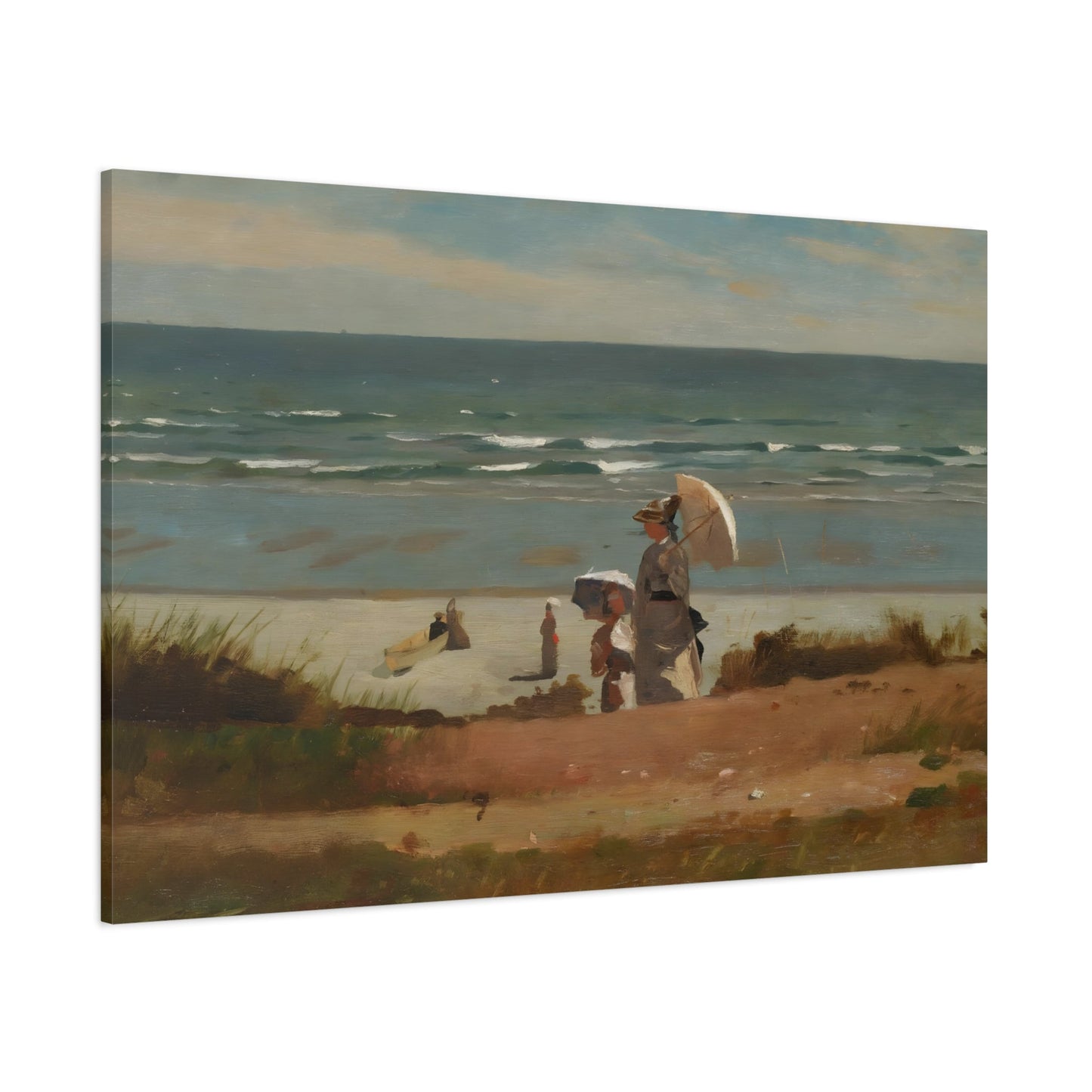 Stretched Framed Sea Landscape Canvas Wall Art Print Reproduction - Winslow Homer On the Beach at Marshfield