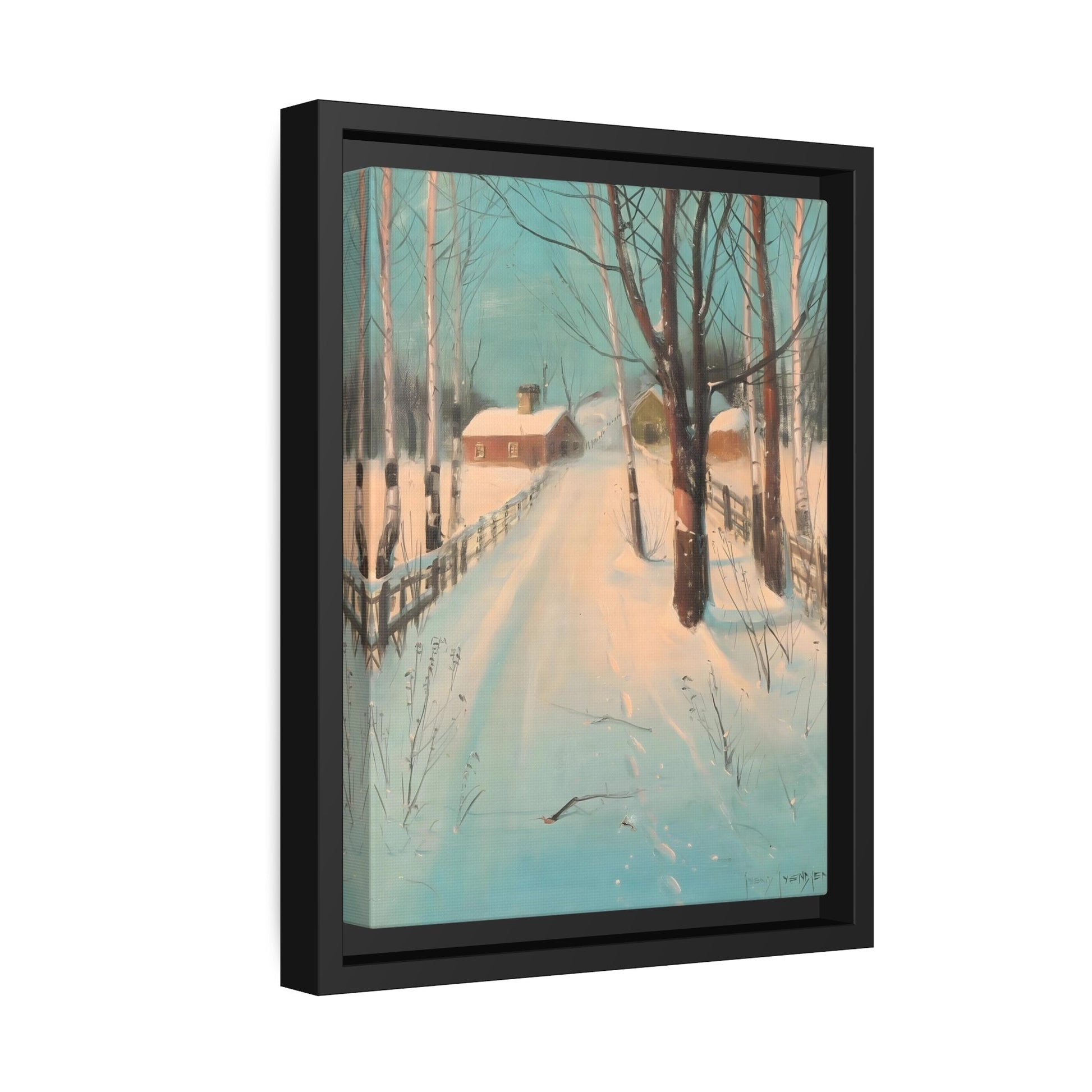 Svend Svendsen Birch Lined Road in Winter - Framed Canvas Wall Art Print in Black Frame