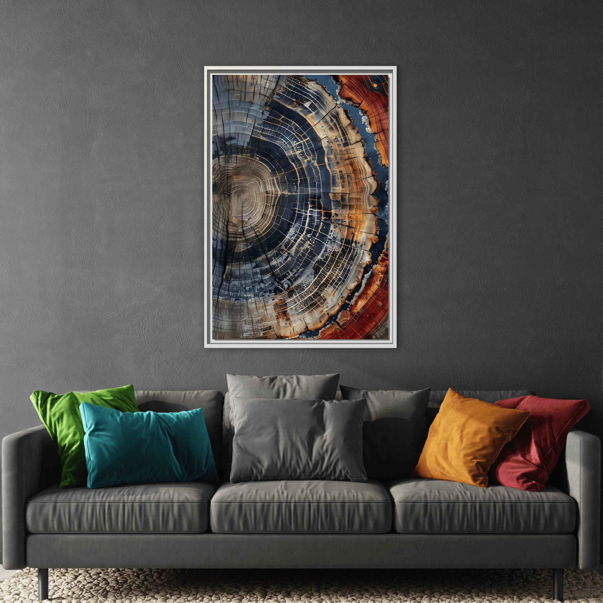 Tree Ring Framed Canvas Wall Art, Abstract Colorful Minimalist Farmhouse Print