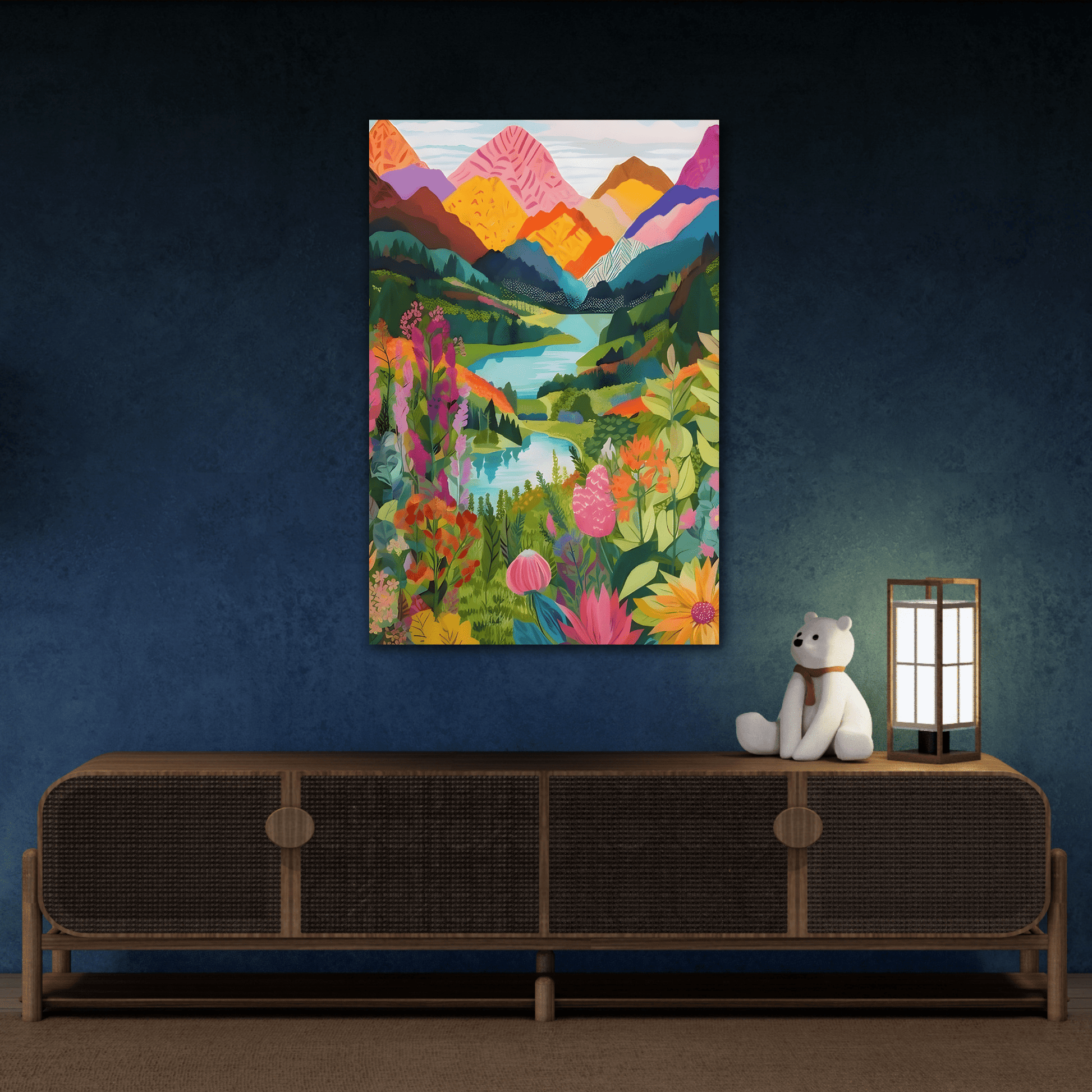 Vibrant Canvas Wall Art Prints - Colorful Abstract Mountain Floral Scene