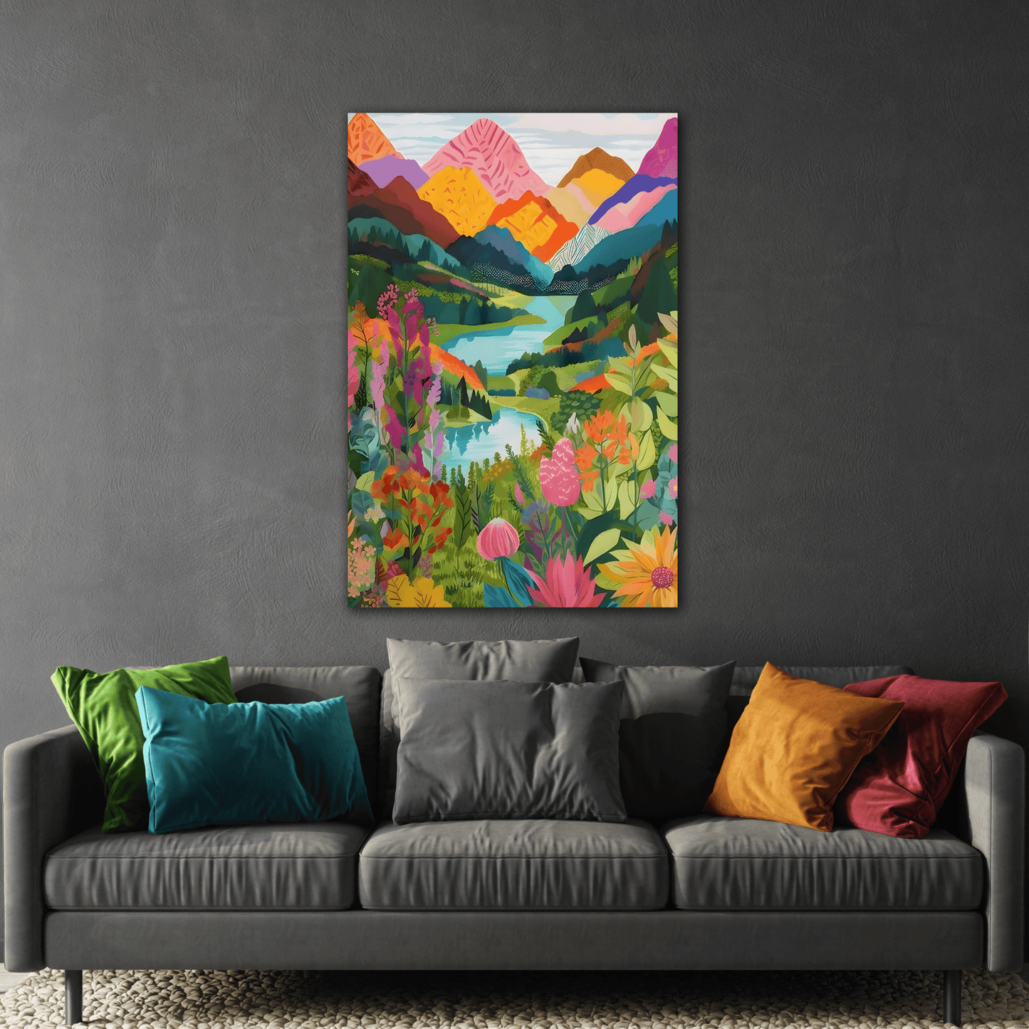Vibrant Canvas Wall Art Prints - Colorful Abstract Mountain Floral Scene