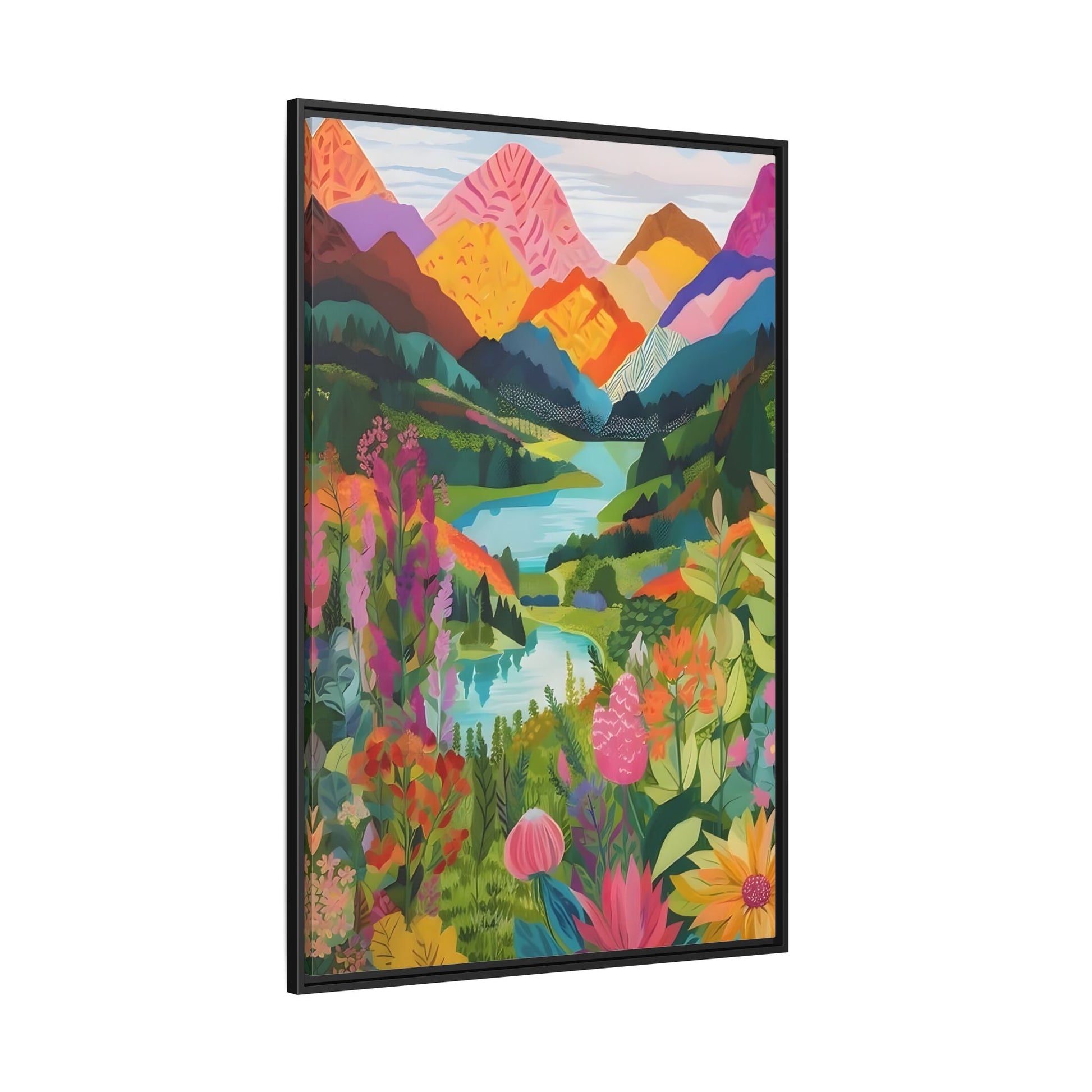 Vibrant Framed Abstract Mountain Canvas Print - Colorful Floral Wall Art