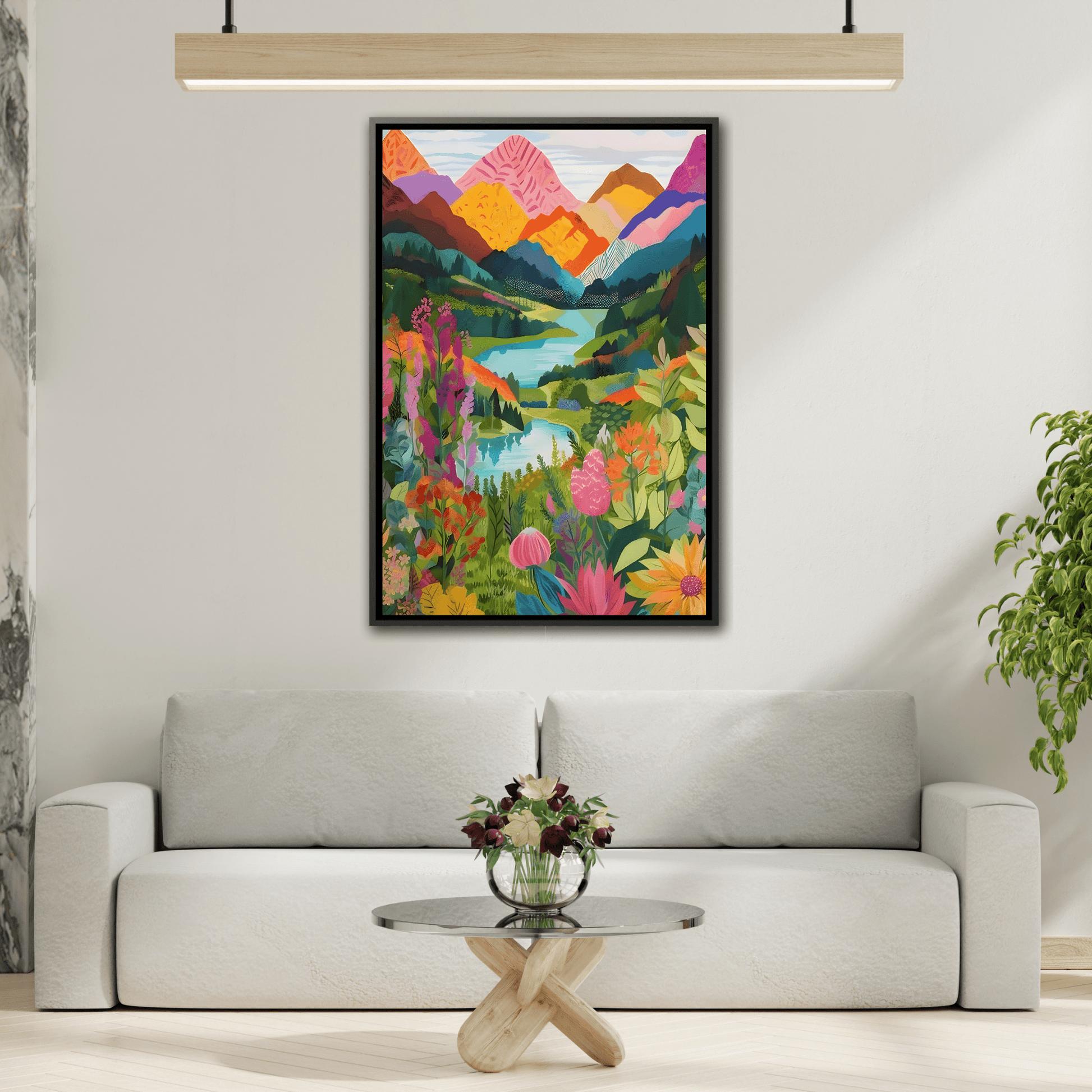 Vibrant Framed Abstract Mountain Canvas Print - Colorful Floral Wall Art