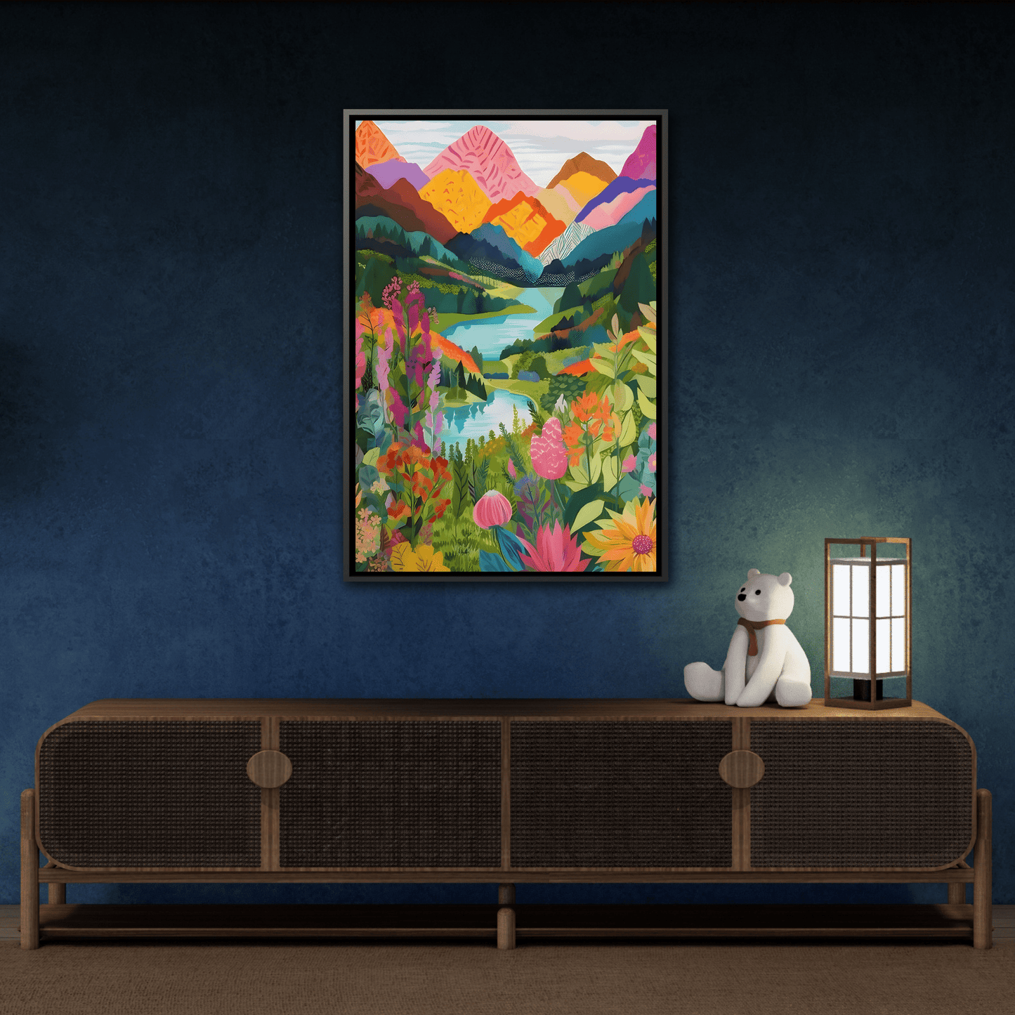 Vibrant Framed Abstract Mountain Canvas Print - Colorful Floral Wall Art