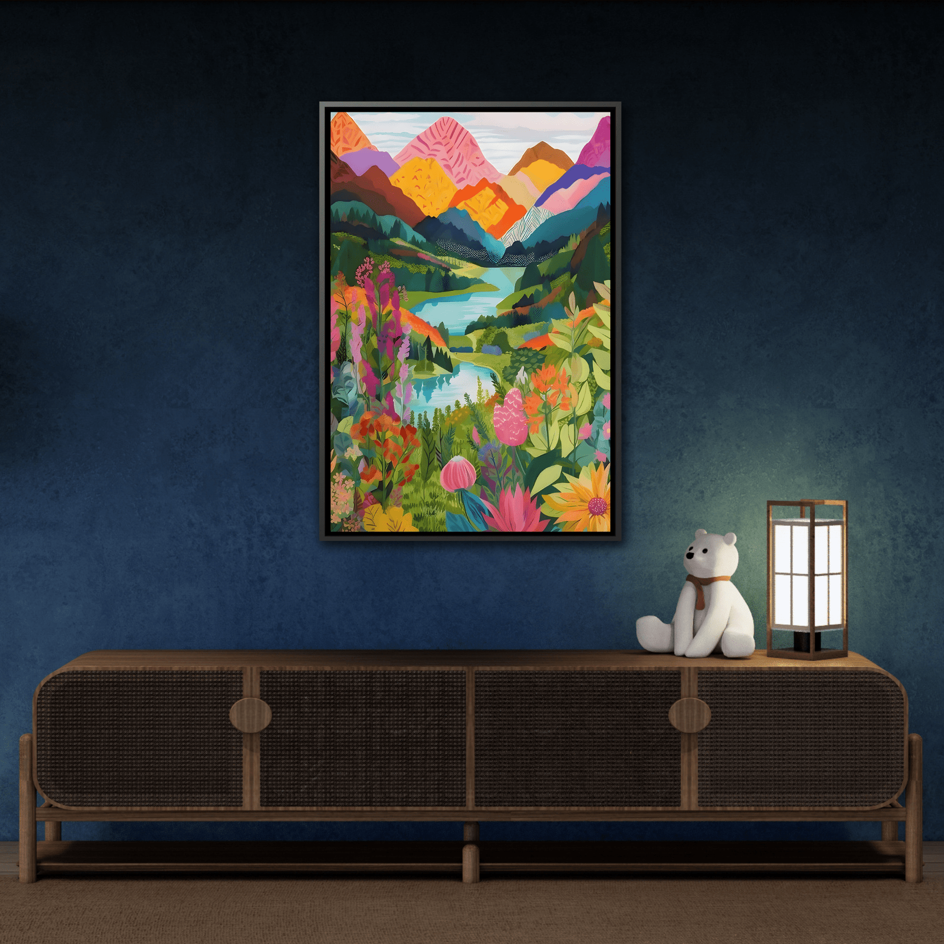 Vibrant Framed Abstract Mountain Canvas Print - Colorful Floral Wall Art
