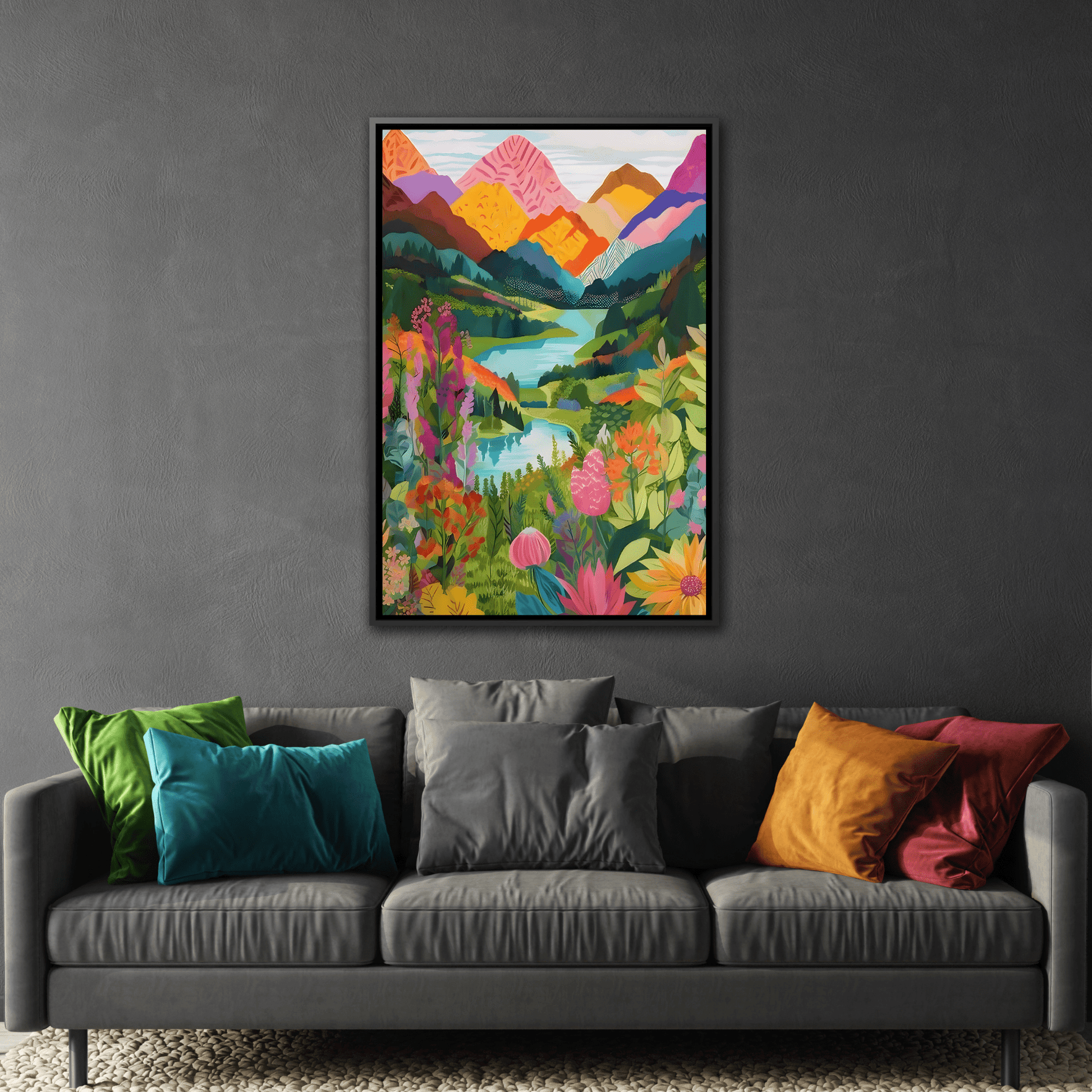 Vibrant Framed Abstract Mountain Canvas Print - Colorful Floral Wall Art