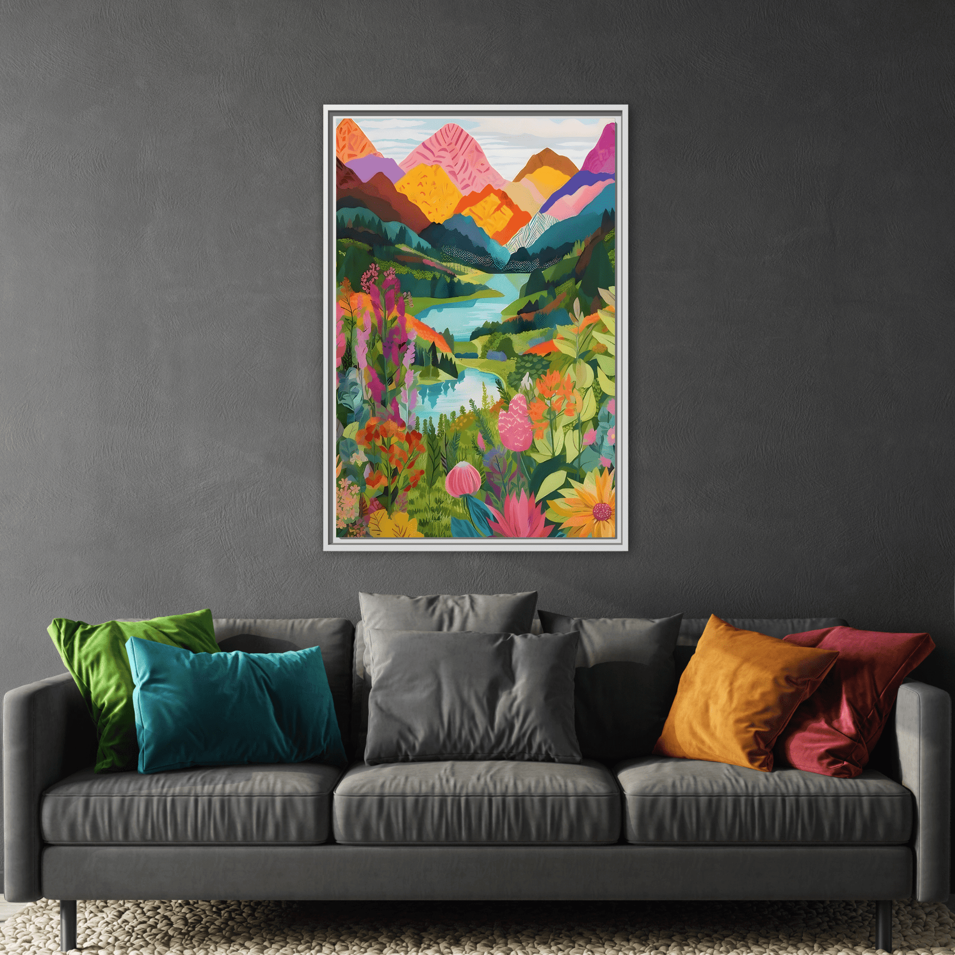 Vibrant Framed Abstract Mountain Canvas Print - Colorful Floral Wall Art