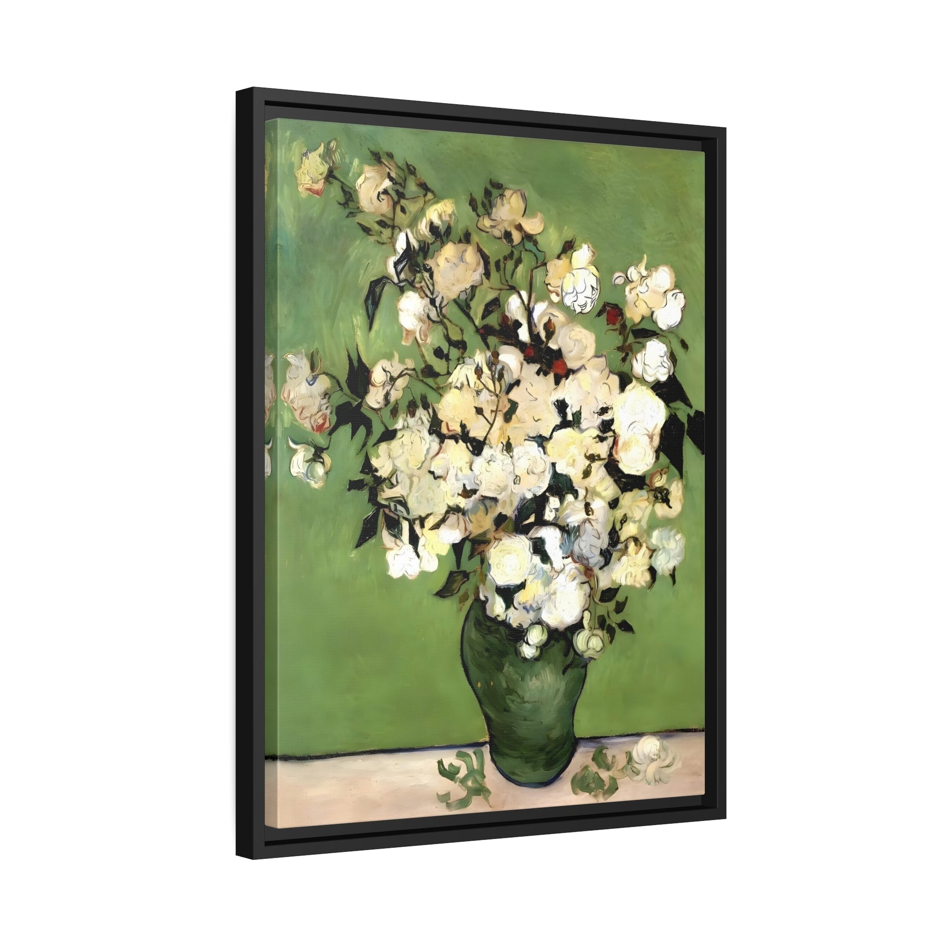 Vincent Van Gogh Vase of Roses - Framed Canvas Wall Art Print in Black Frame