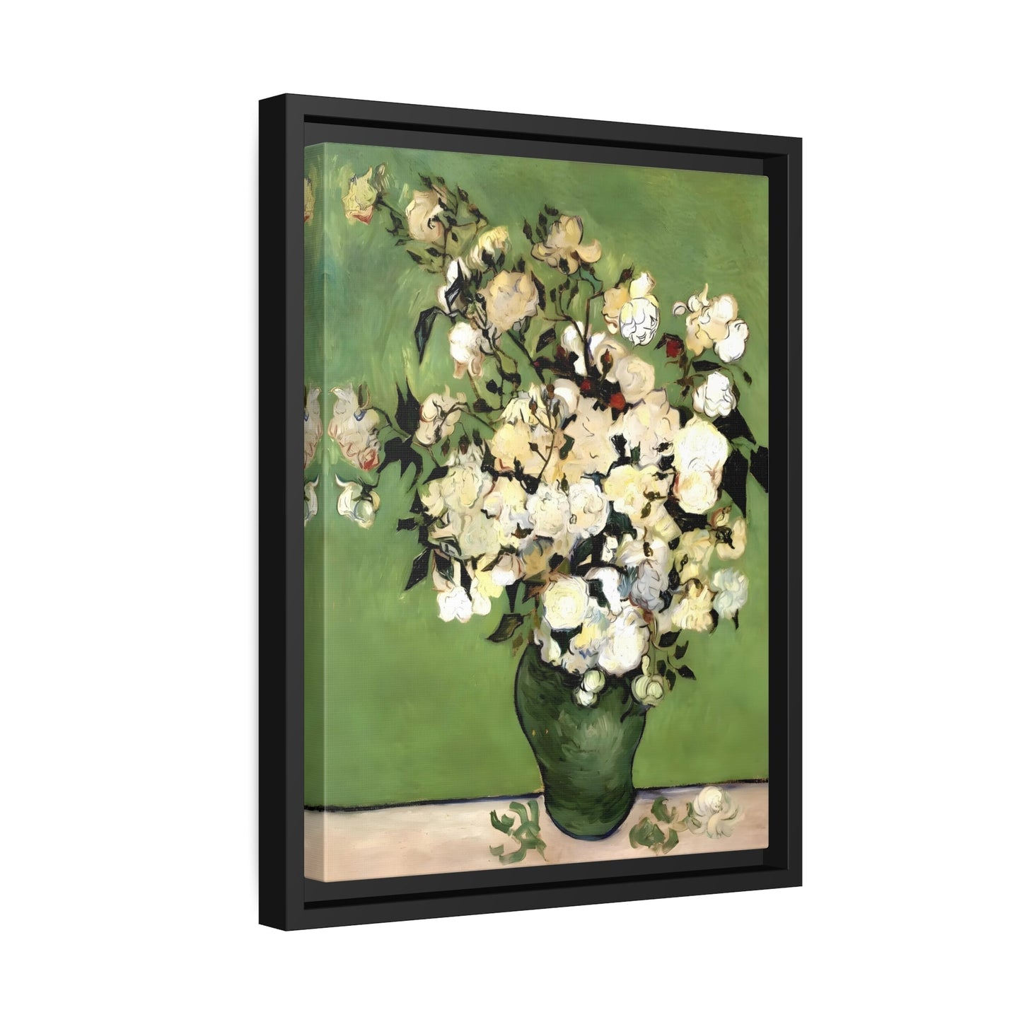 Vincent Van Gogh Vase of Roses - Framed Canvas Wall Art Print in Black Frame