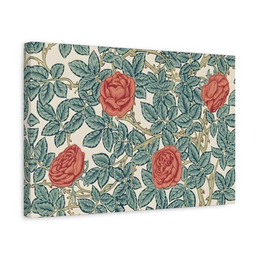 Vintage Floral Red Roses Green Leaves Canvas Print - Botanical Art