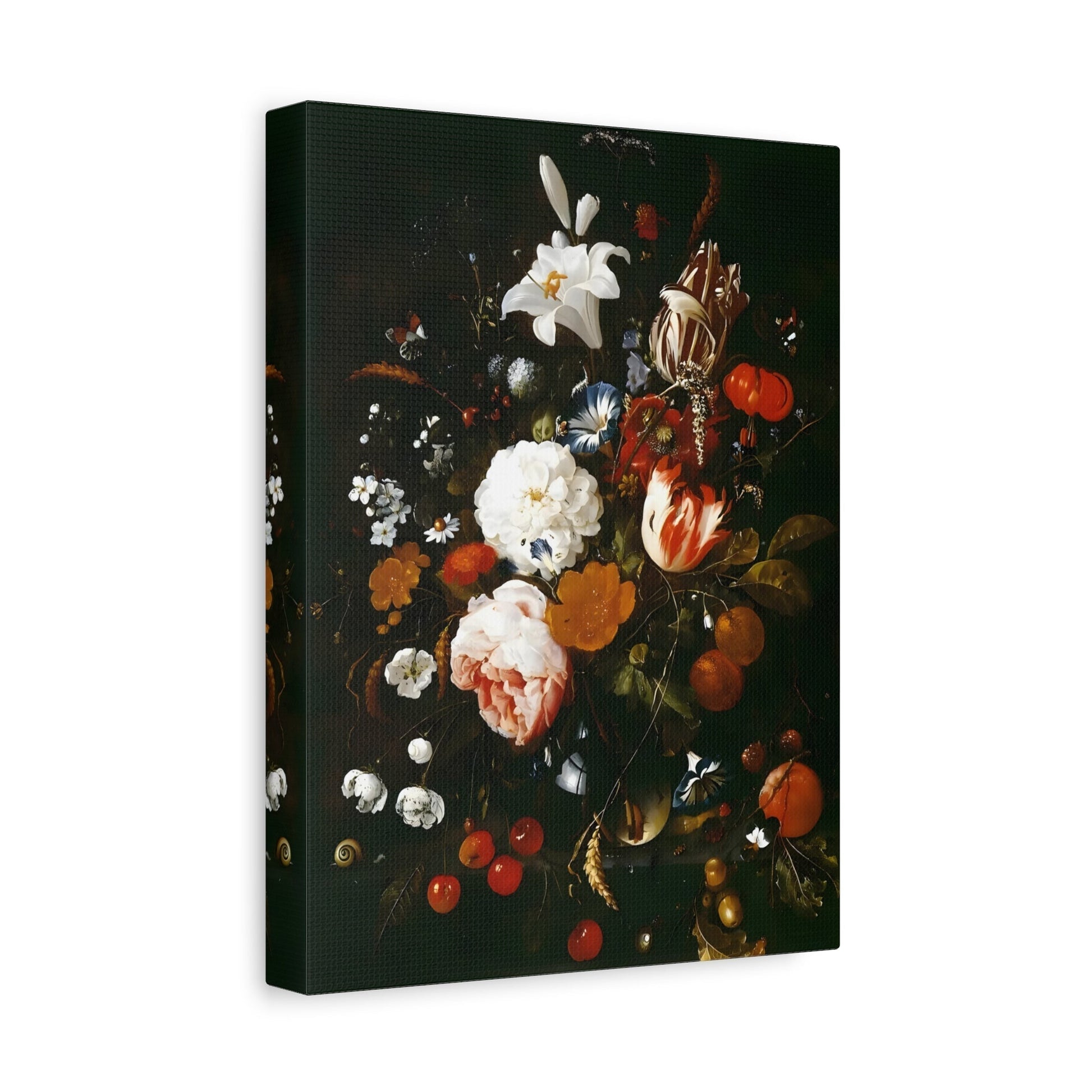 Vintage Moody Flowers in a glass Vase with Fruit -Floral Canvas Wall Art Print