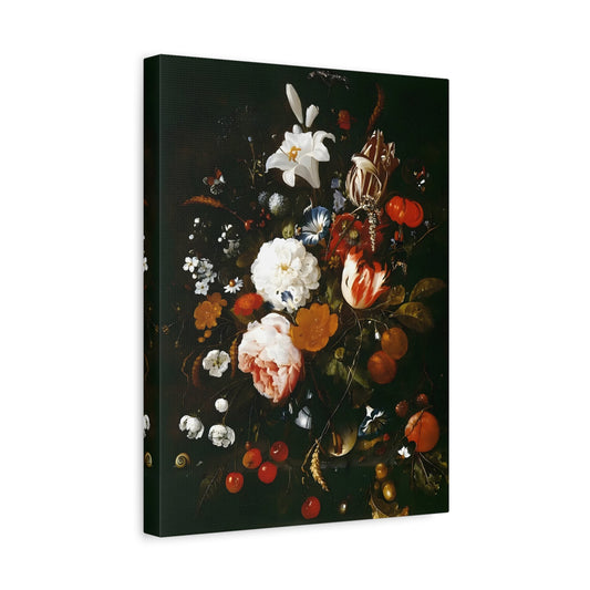 Vintage Moody Flowers in a glass Vase with Fruit -Floral Canvas Wall Art Print