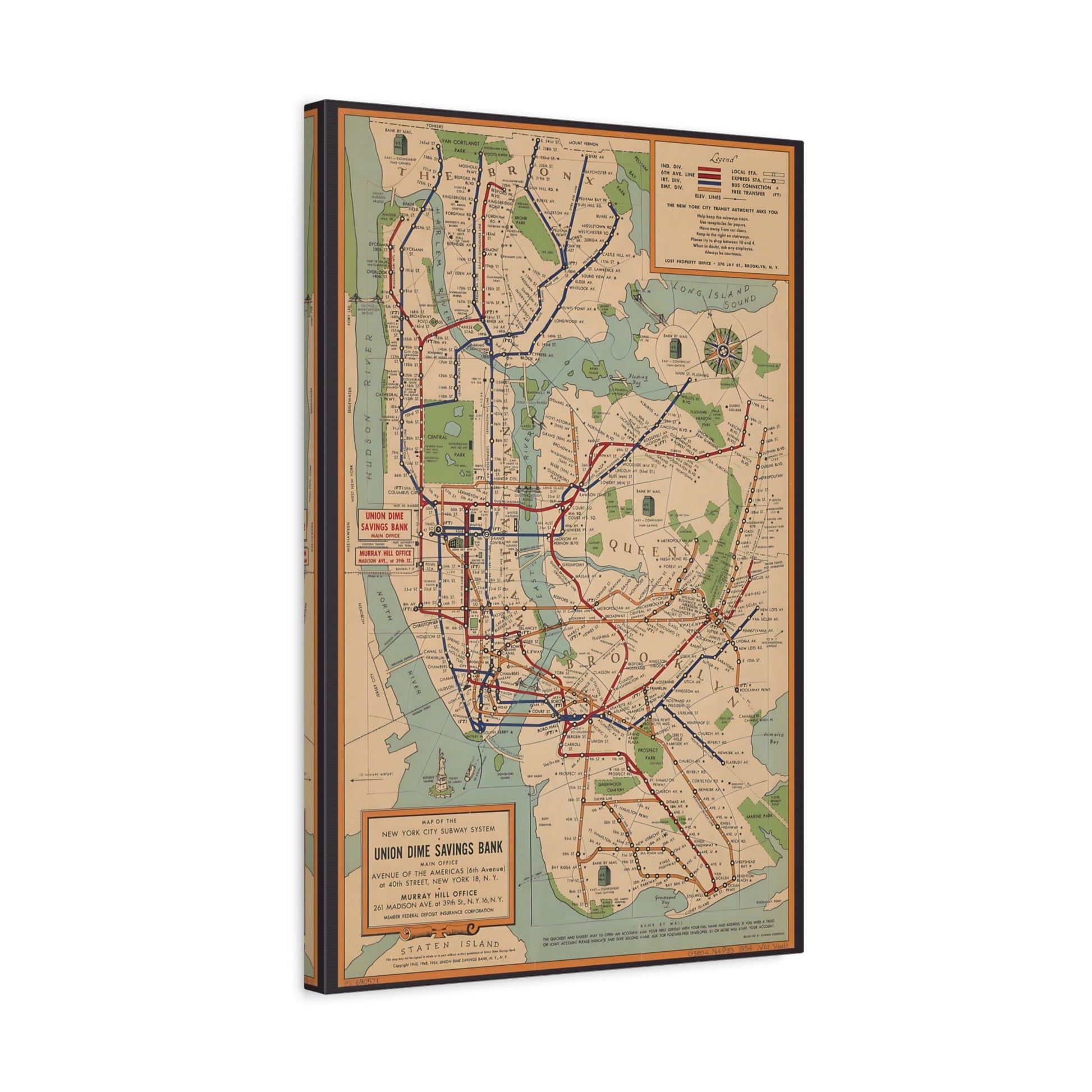 Vintage New York Subway Map - Canvas Wall Art Print