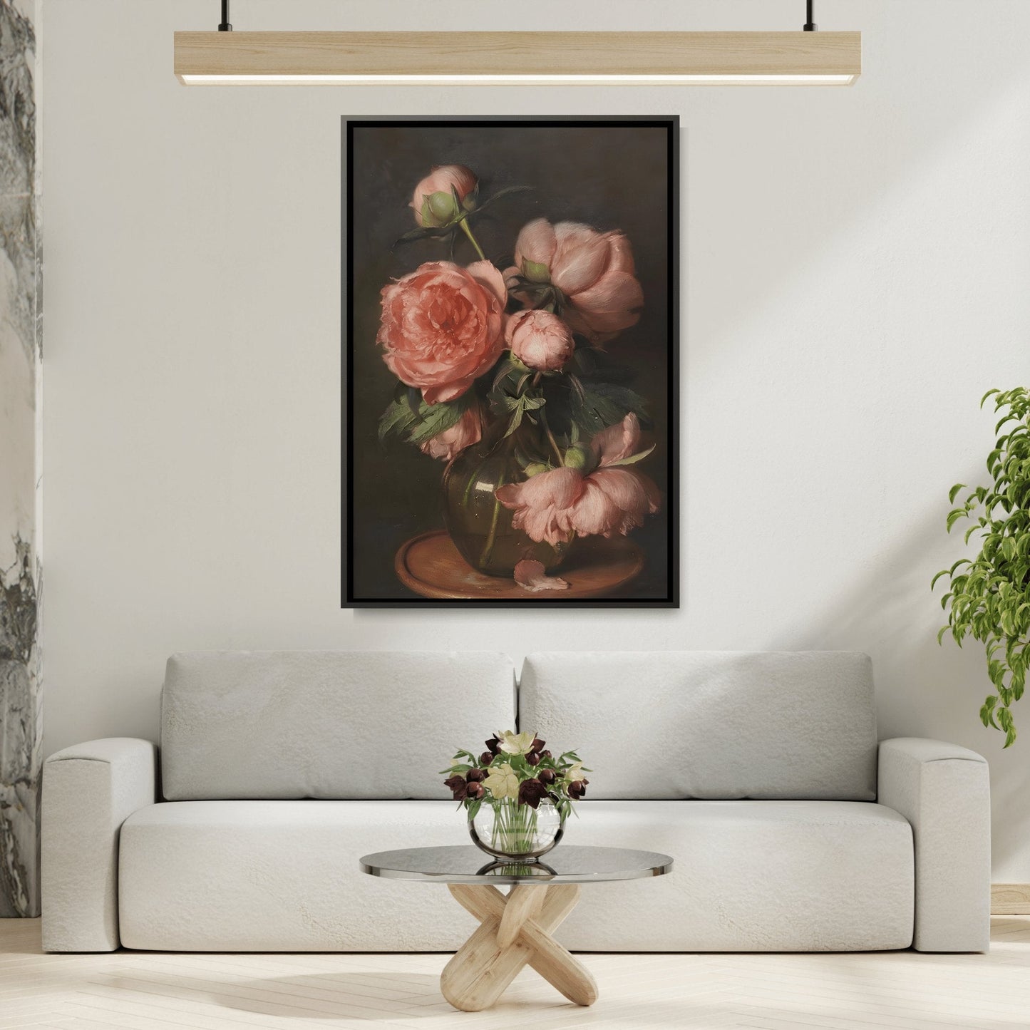Vintage Pink Peonies Flowers - Framed Canvas Wall Art Reproduction