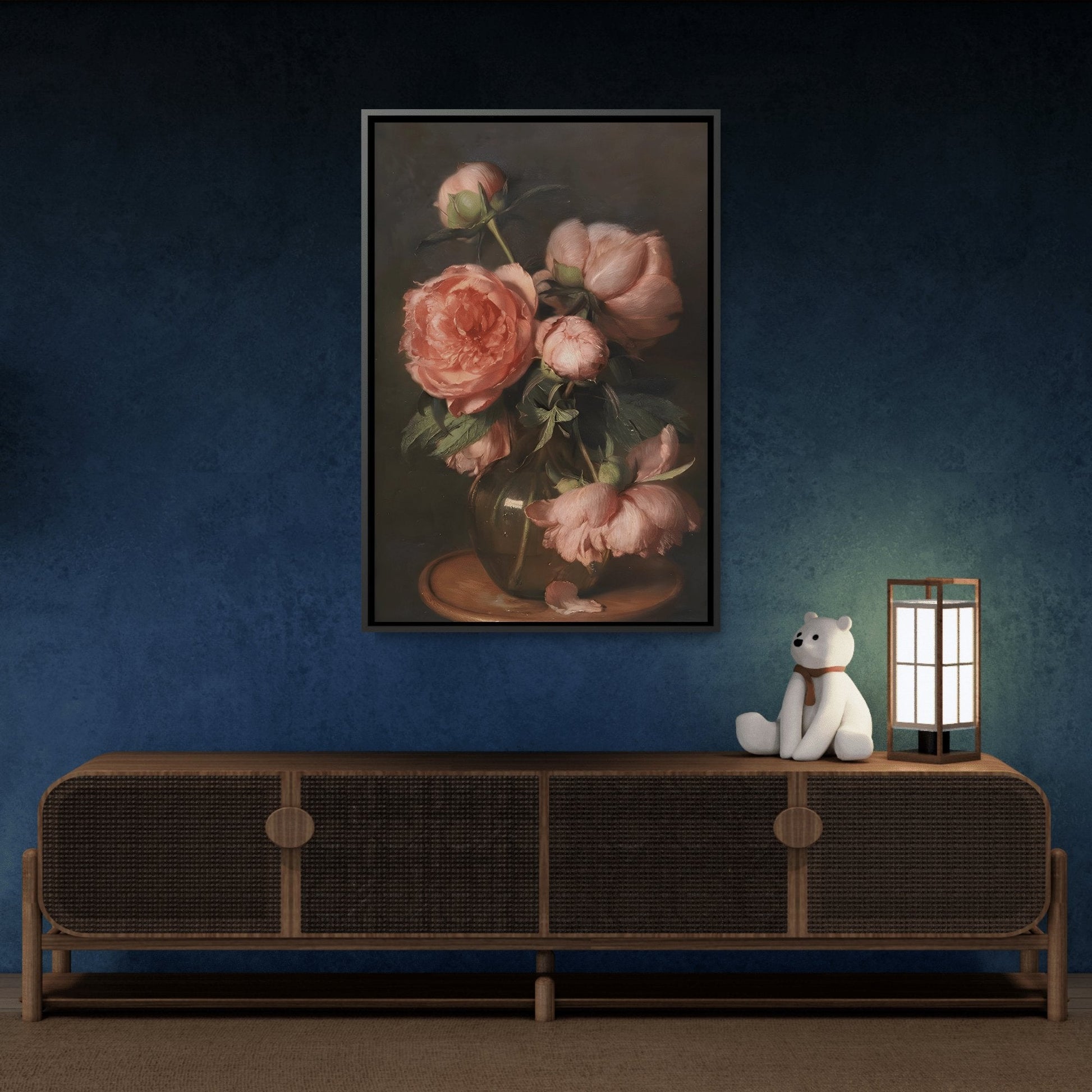 Vintage Pink Peonies Flowers - Framed Canvas Wall Art Reproduction