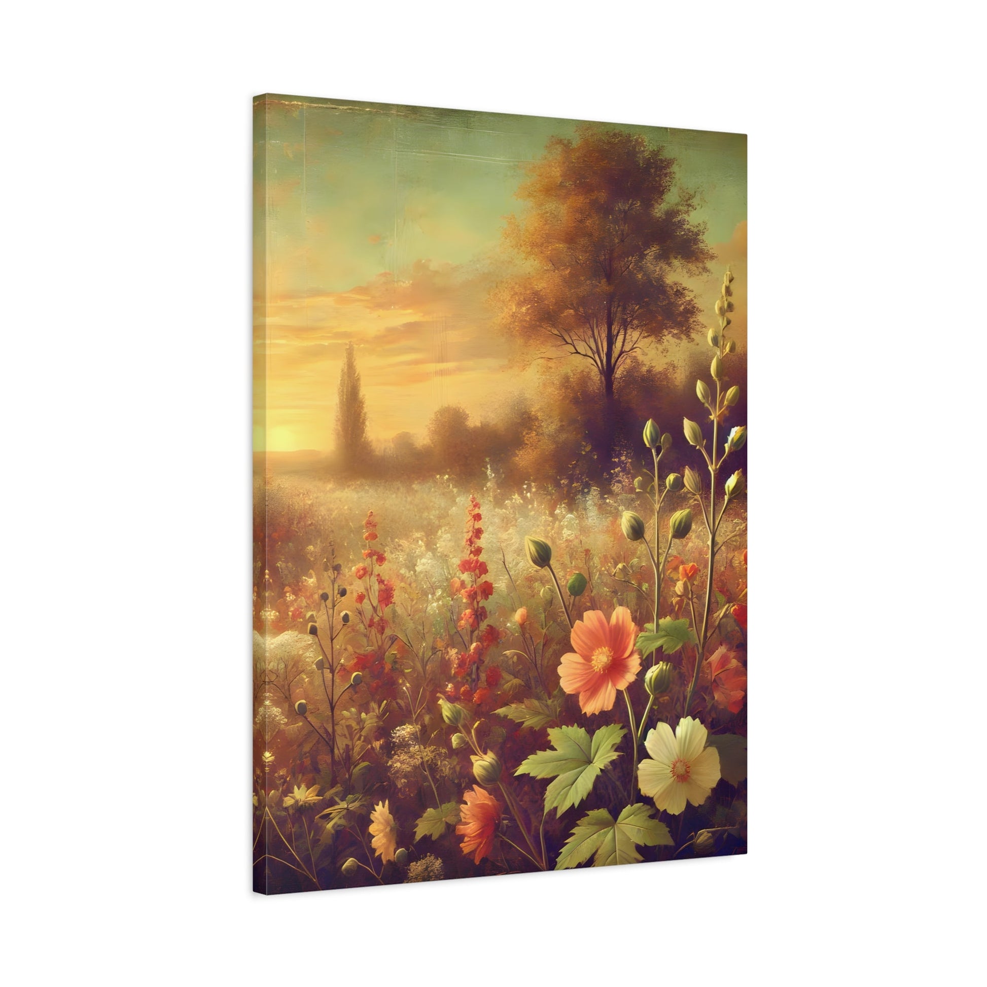Vintage Wildflower Rustic Canvas Landscape - Sunset Botanical Flowers Wall Art