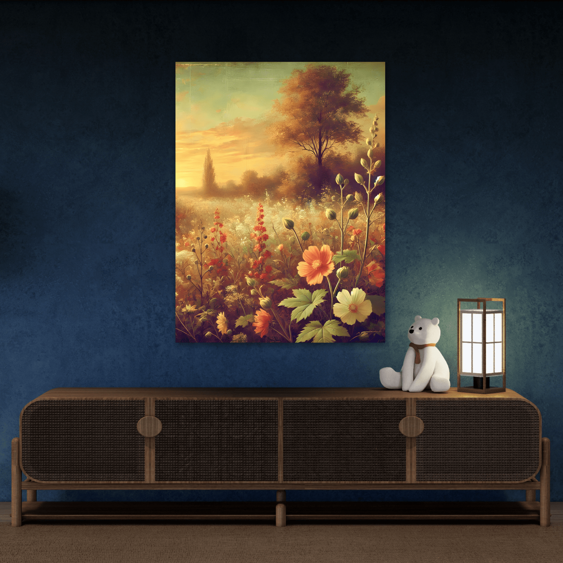 Vintage Wildflower Rustic Canvas Landscape - Sunset Botanical Flowers Wall Art