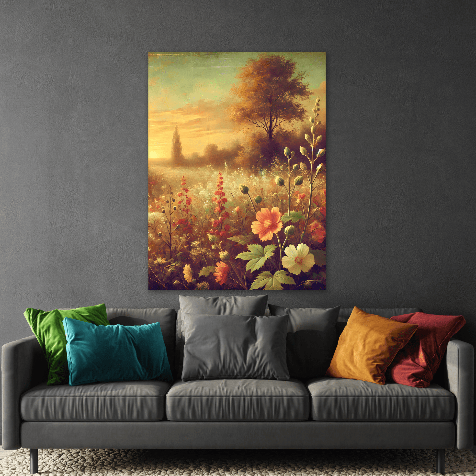 Vintage Wildflower Rustic Canvas Landscape - Sunset Botanical Flowers Wall Art