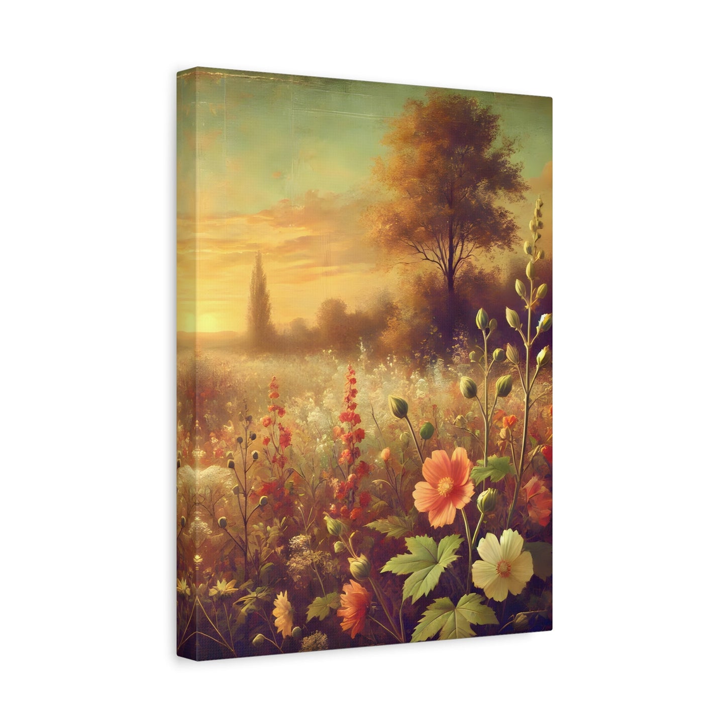 Vintage Wildflower Rustic Canvas Landscape - Sunset Botanical Flowers Wall Art