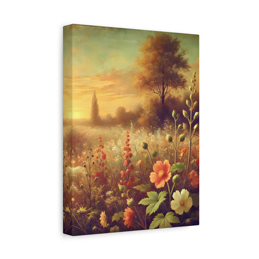 Vintage Wildflower Rustic Canvas Landscape - Sunset Botanical Flowers Wall Art