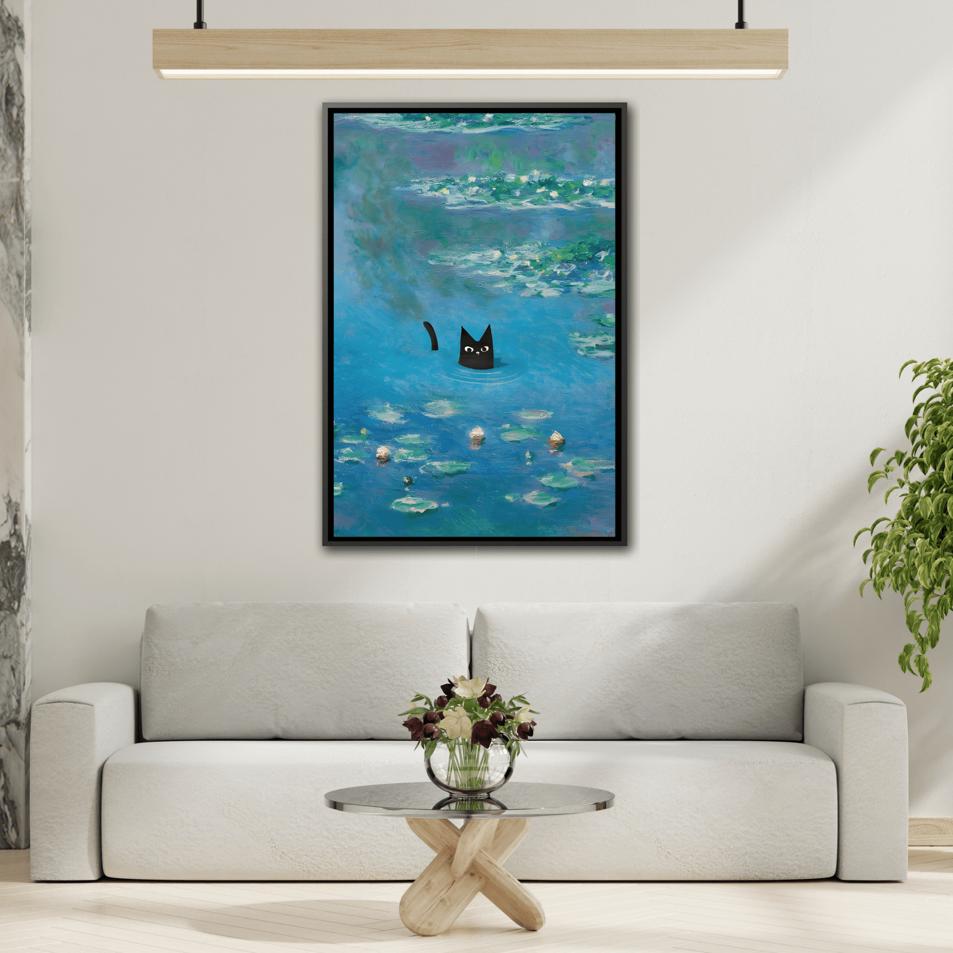 Water Lily Framed Cat Canvas Wall Art Monet Floral Print