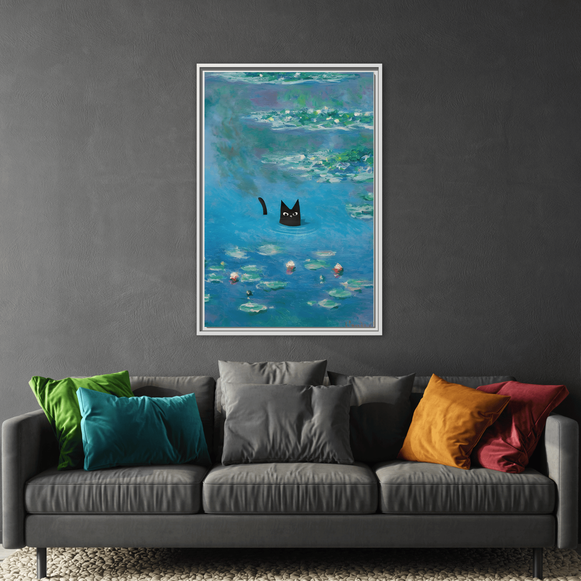 Water Lily Framed Cat Canvas Wall Art Monet Floral Print