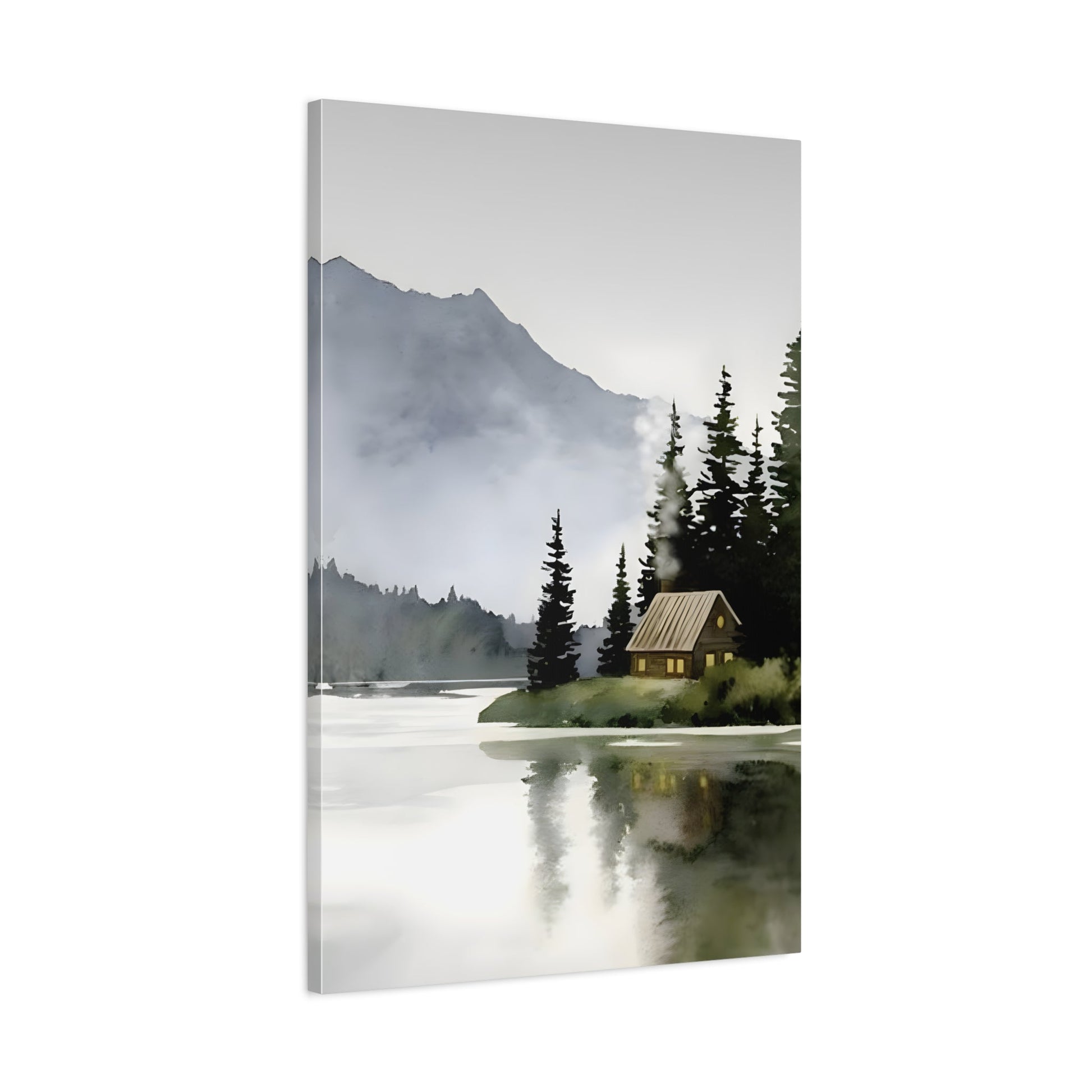 Watercolor Cabin Lake Canvas Print - Large Minimalist Winter wall art