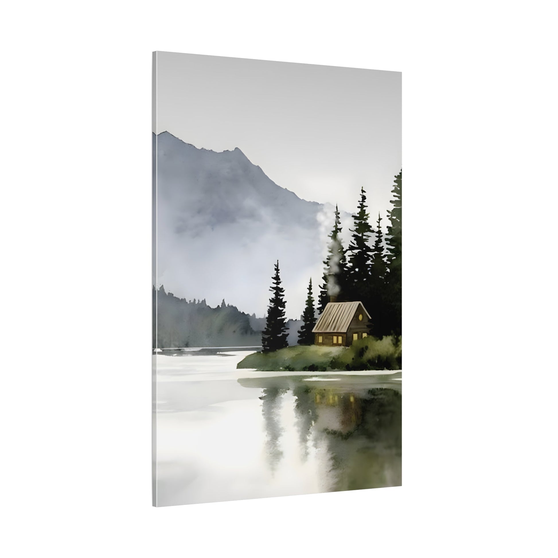 Watercolor Cabin Lake Canvas Print - Large Minimalist Winter wall art