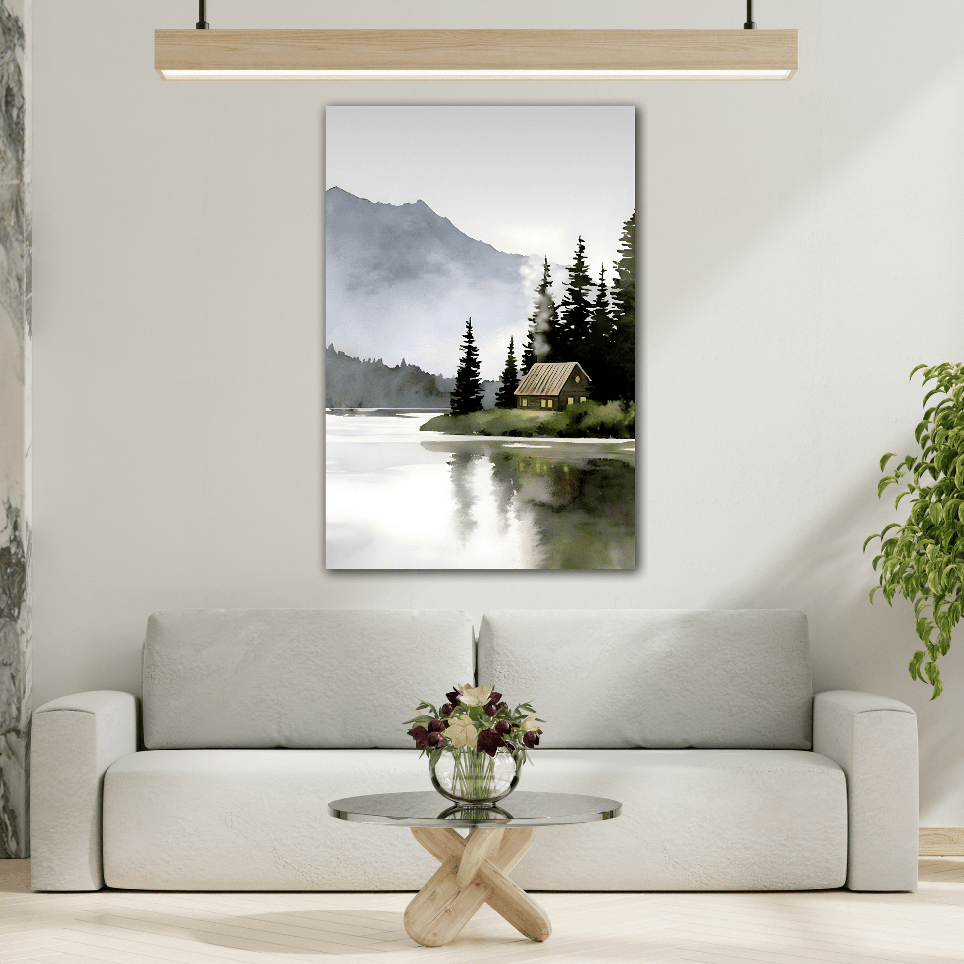 Watercolor Cabin Lake Canvas Print - Large Minimalist Winter wall art