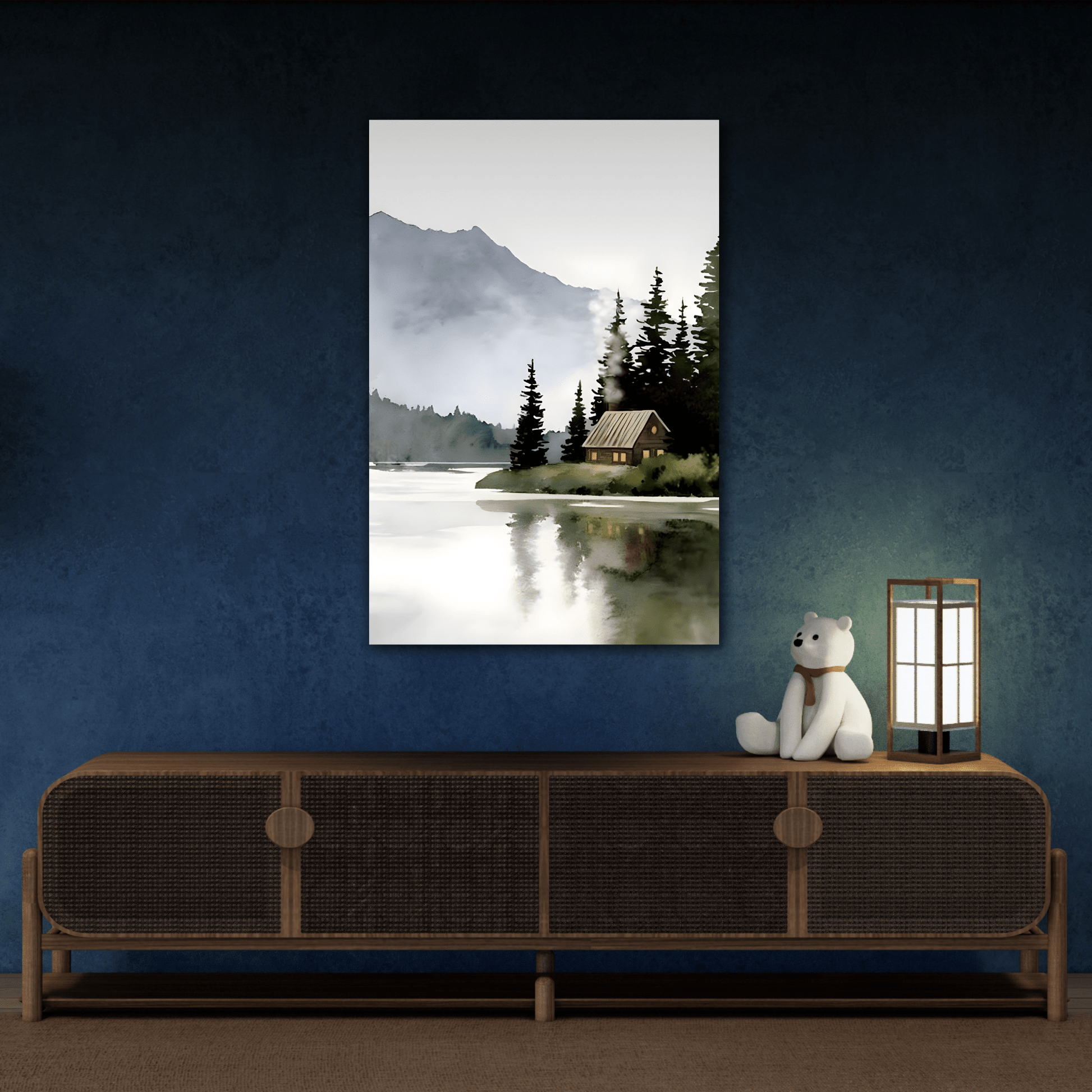 Watercolor Cabin Lake Canvas Print - Large Minimalist Winter wall art