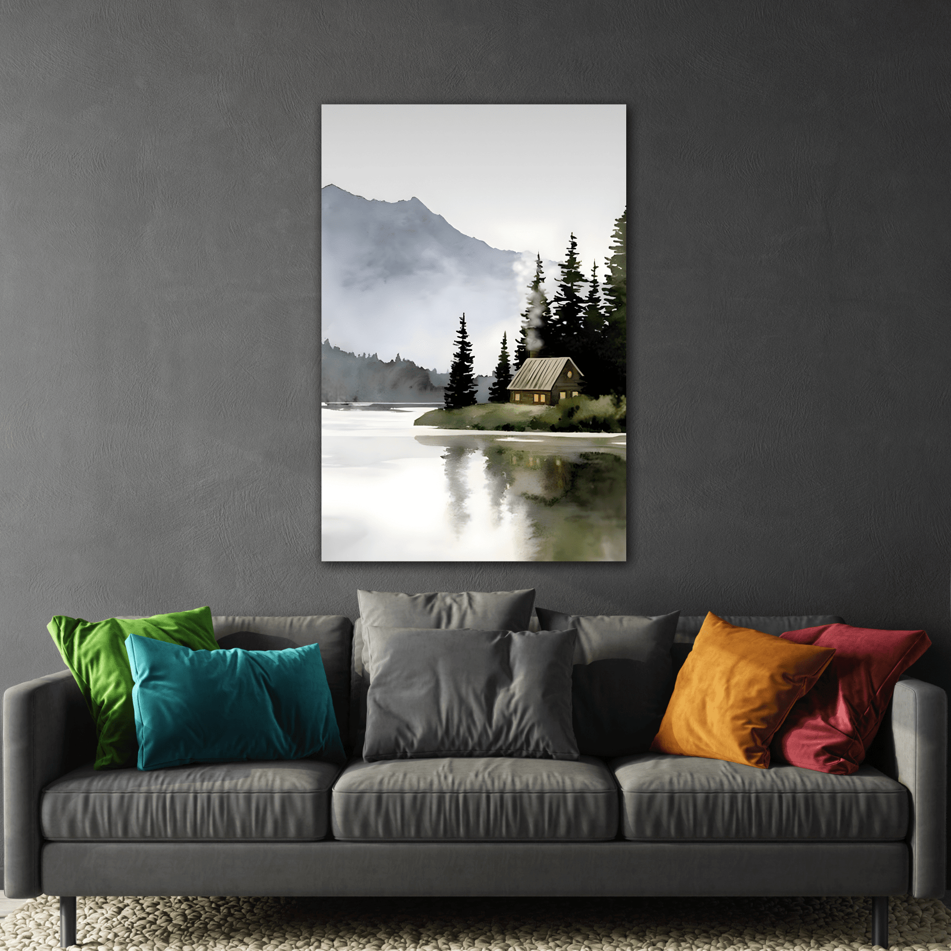 Watercolor Cabin Lake Canvas Print - Large Minimalist Winter wall art