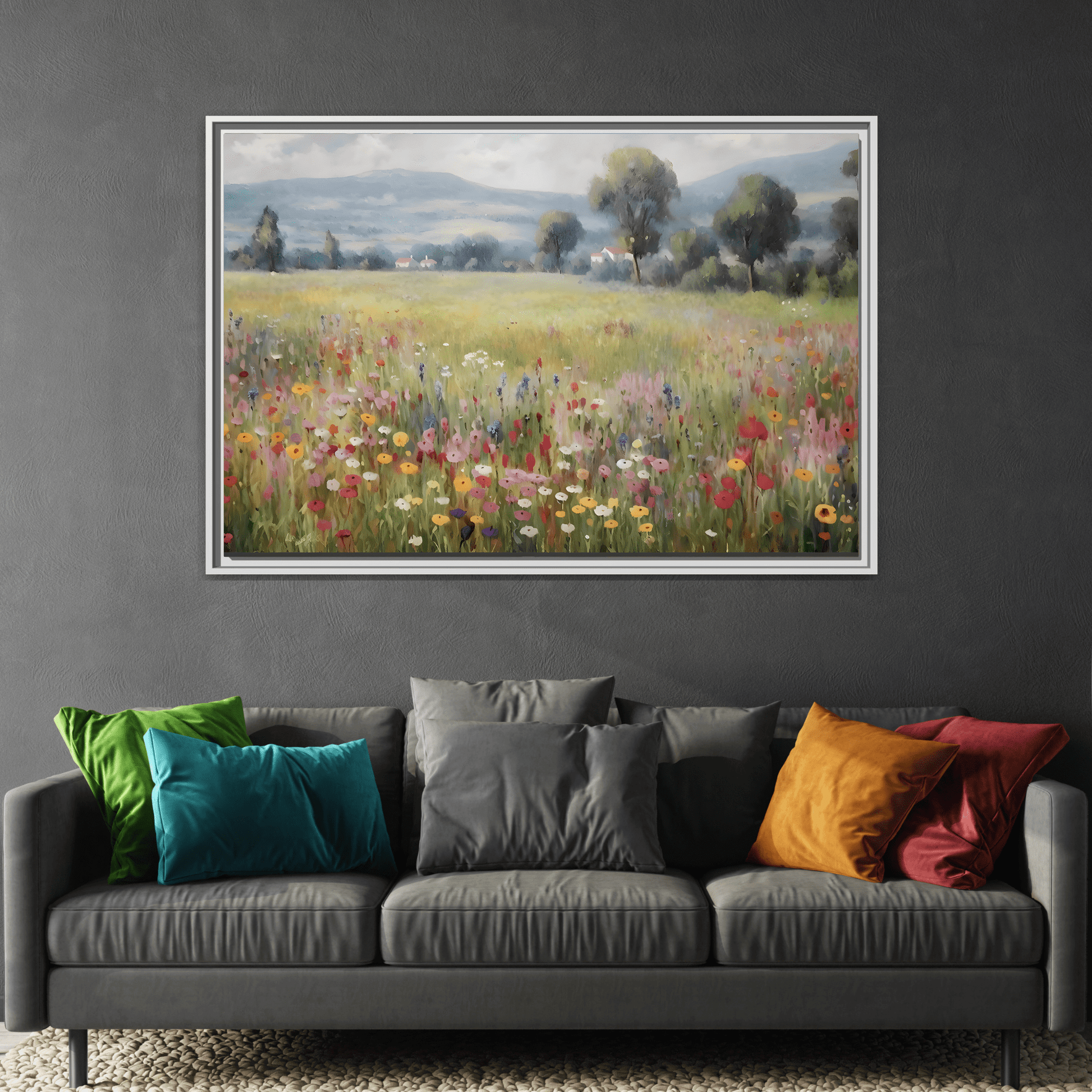 Wildflower Nature Framed Large Canvas Print, Floral Landscape Wall Art