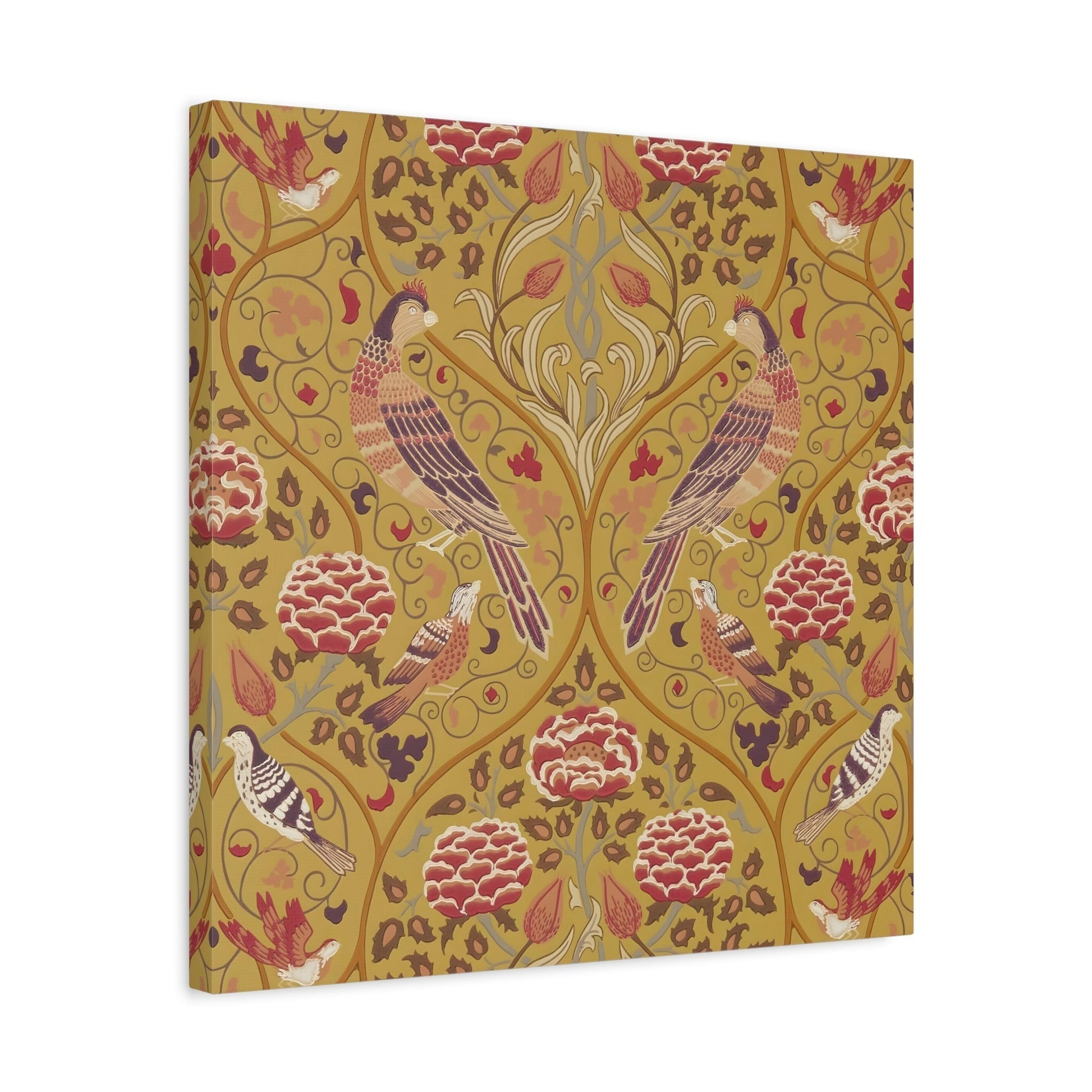 William Morris Parakeets Roses Tulips - Saffron Floral Canvas Wall Art Print