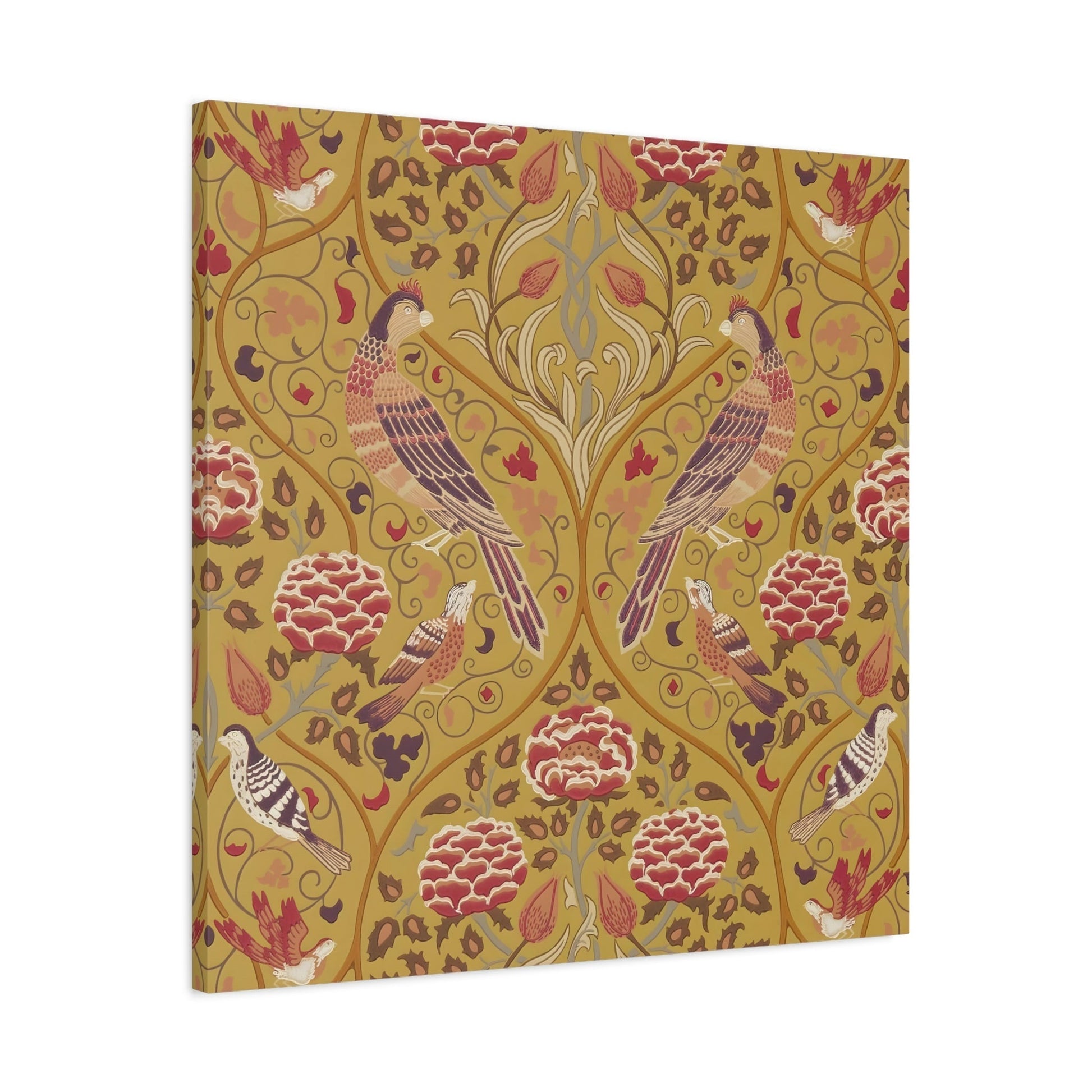 William Morris Parakeets Roses Tulips - Saffron Floral Canvas Wall Art Print