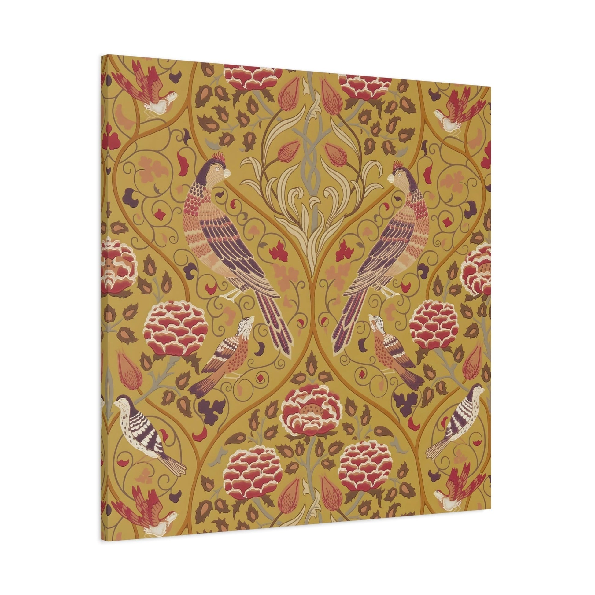 William Morris Parakeets Roses Tulips - Saffron Floral Canvas Wall Art Print