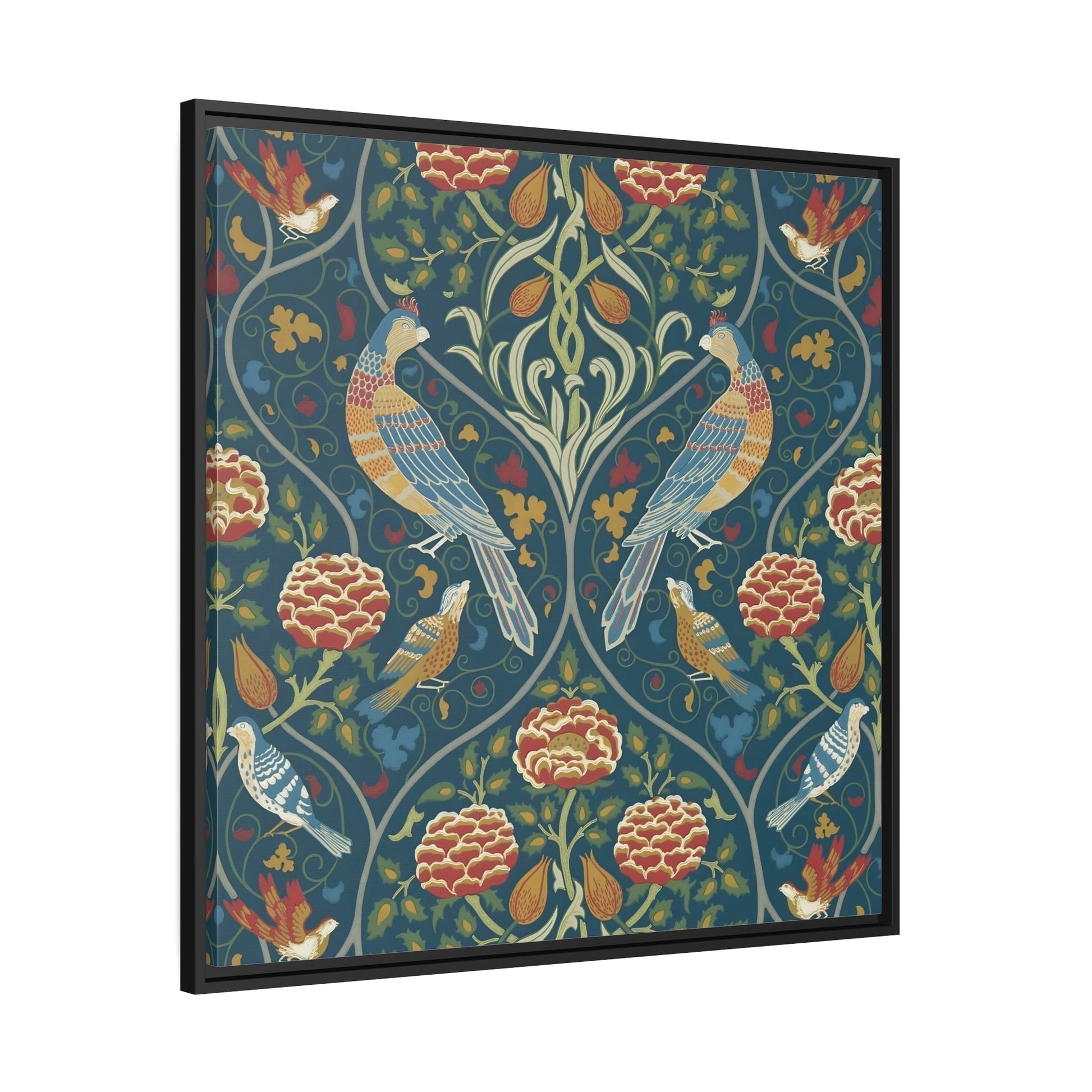 William Morris Parakeets, Roses, and Tulips Canvas Print in Exclusive Frame - Indigo Floral Wall Art Decoration for Living Room