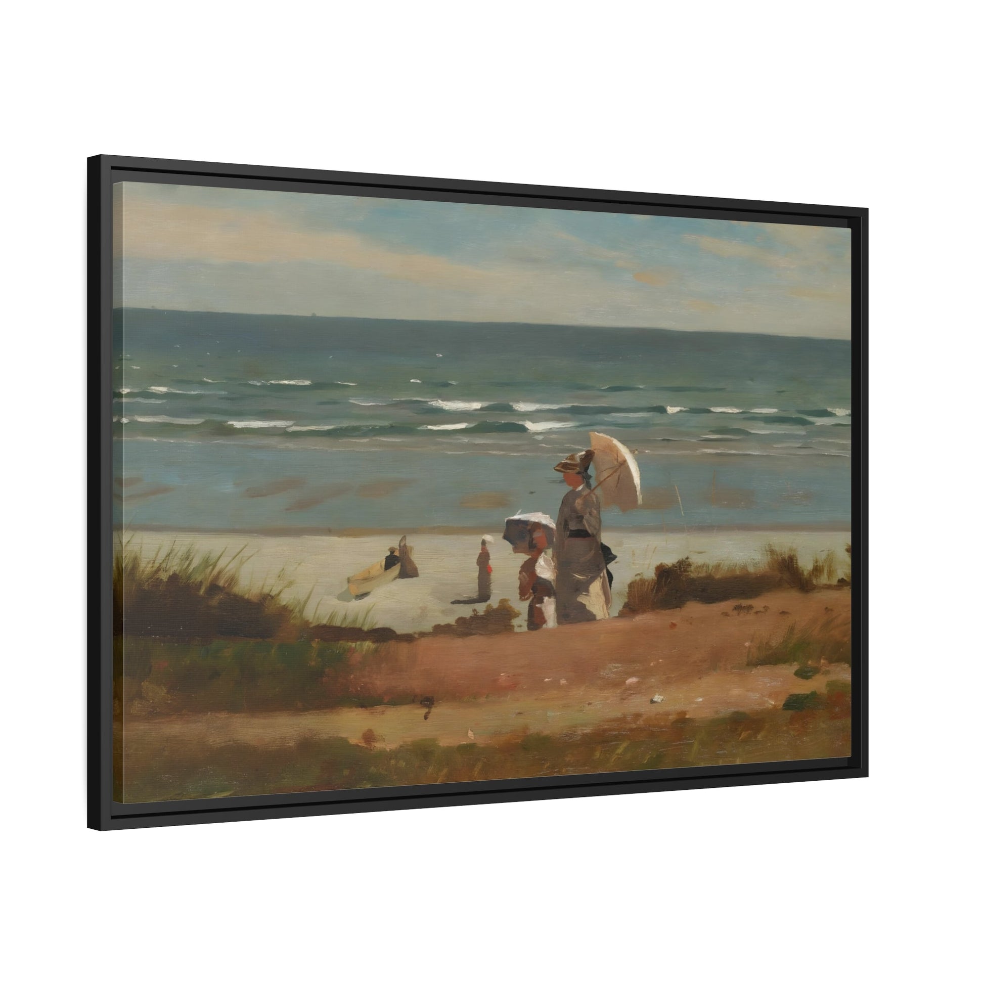 Winslow Homer On the Beach at Marshfield Canvas Print - Sea Landscape Wall Art in Frame for Living Room