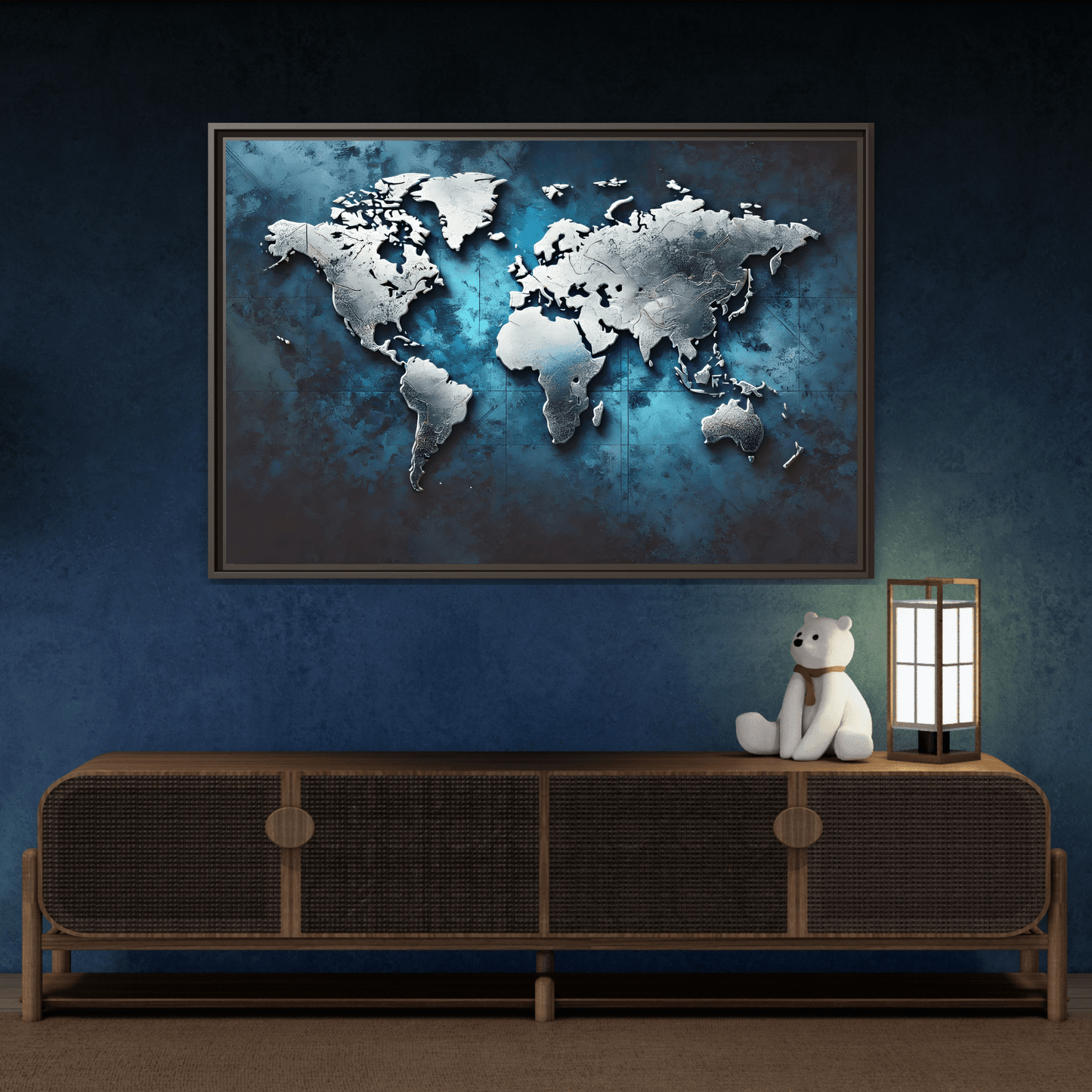 World Blue Silver Canvas Print - Framed Big Walls Art