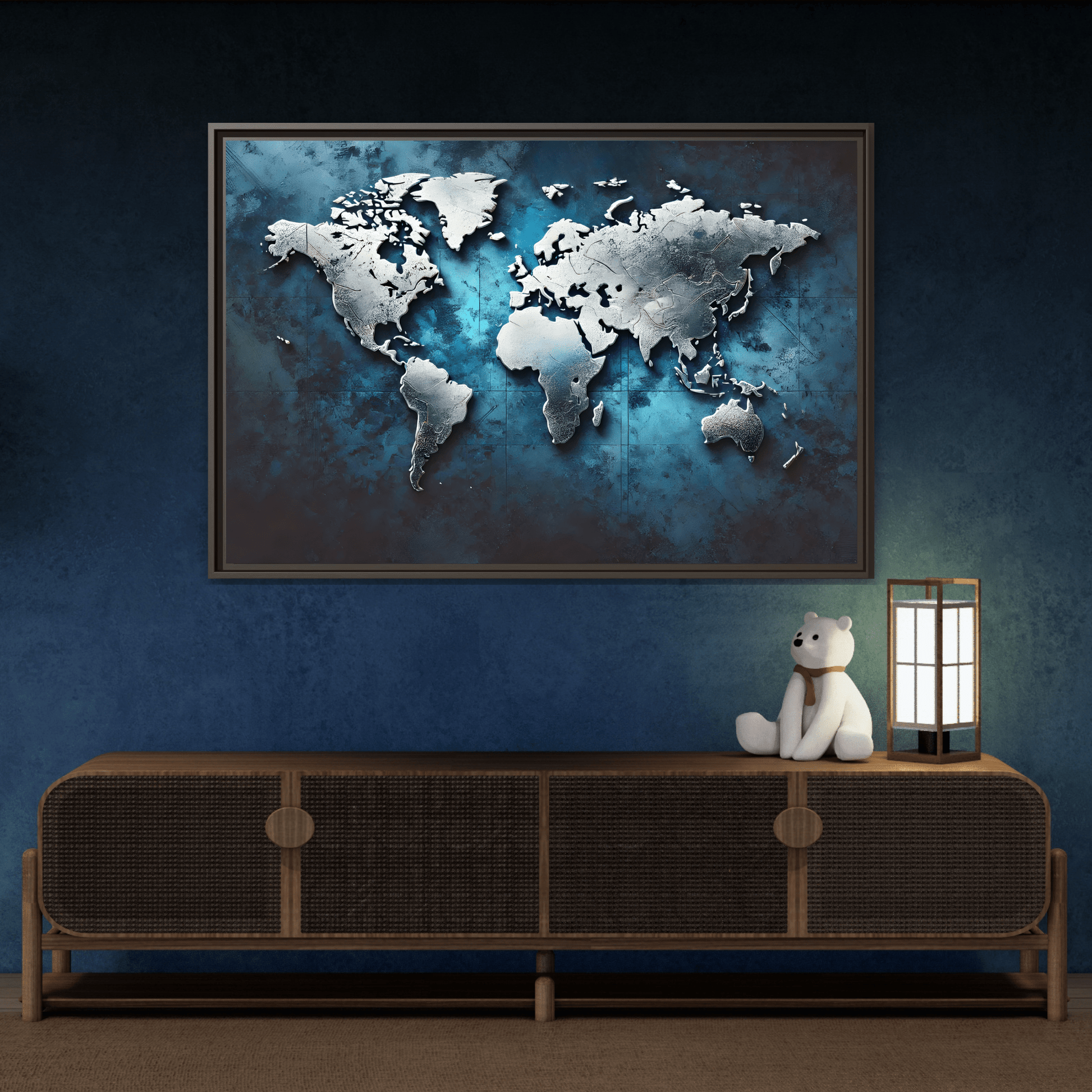 World Blue Silver Canvas Print - Framed Big Walls Art