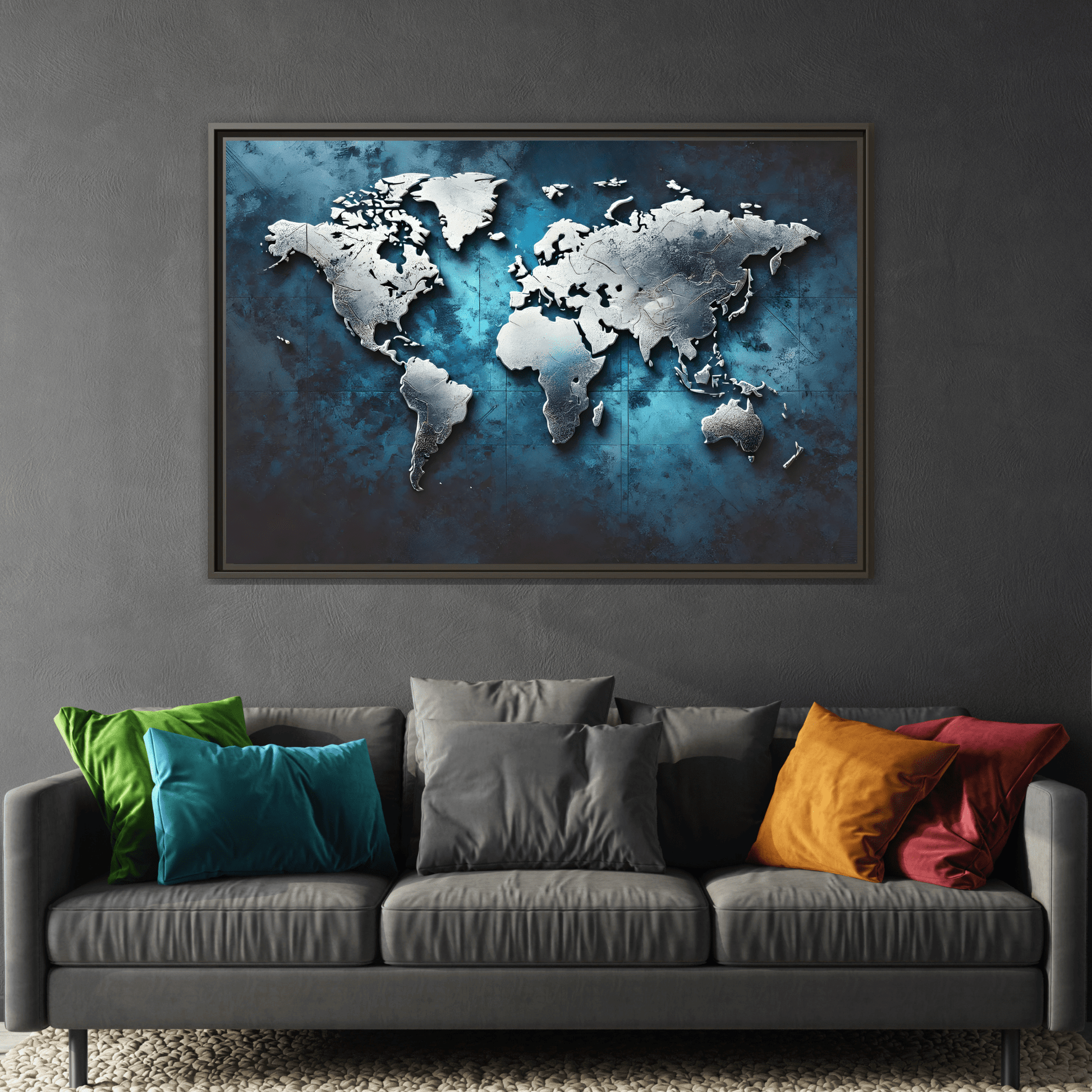 World Blue Silver Canvas Print - Framed Big Walls Art