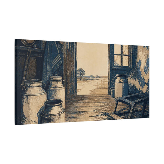 Main Mockup. Abandoned Dairy Room shown as canvas print