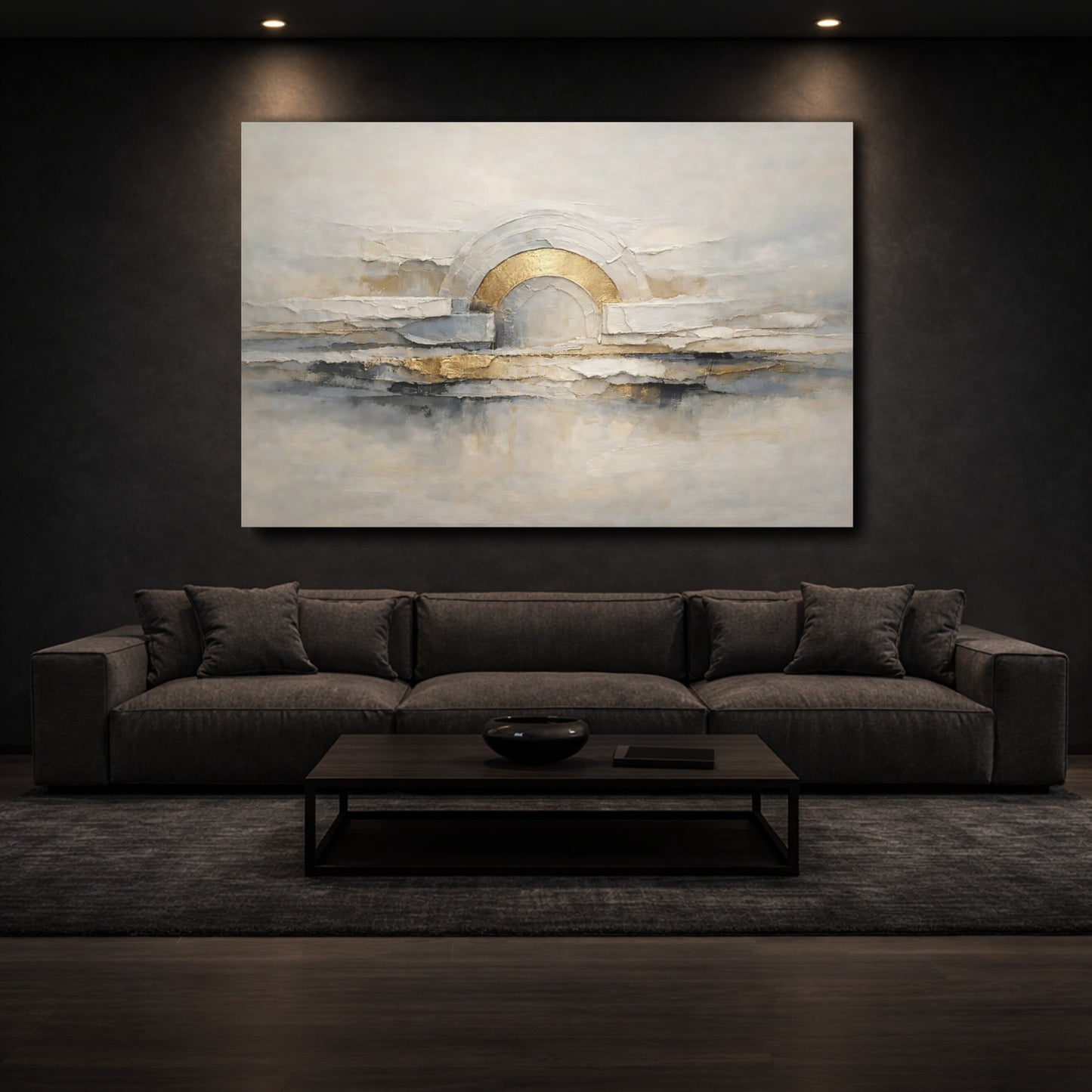 Mockup 2. Abstract Abstract Arch Abstract Gold Grey shown as stretched canvas wall art