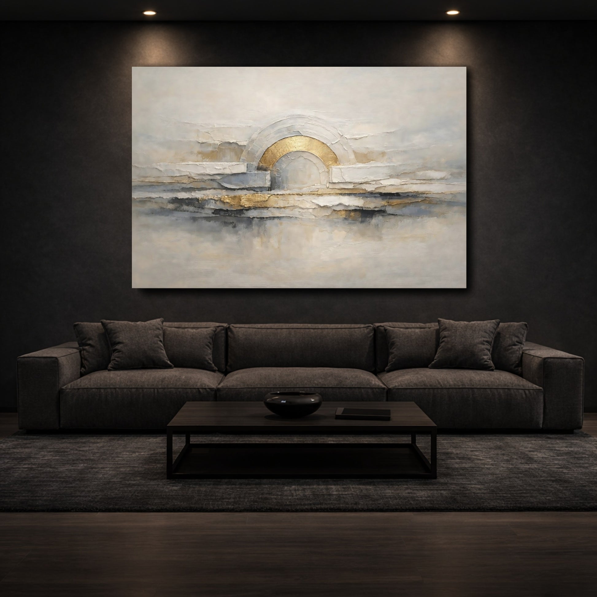 Mockup 2. Abstract Abstract Arch Abstract Gold Grey shown as stretched canvas wall art