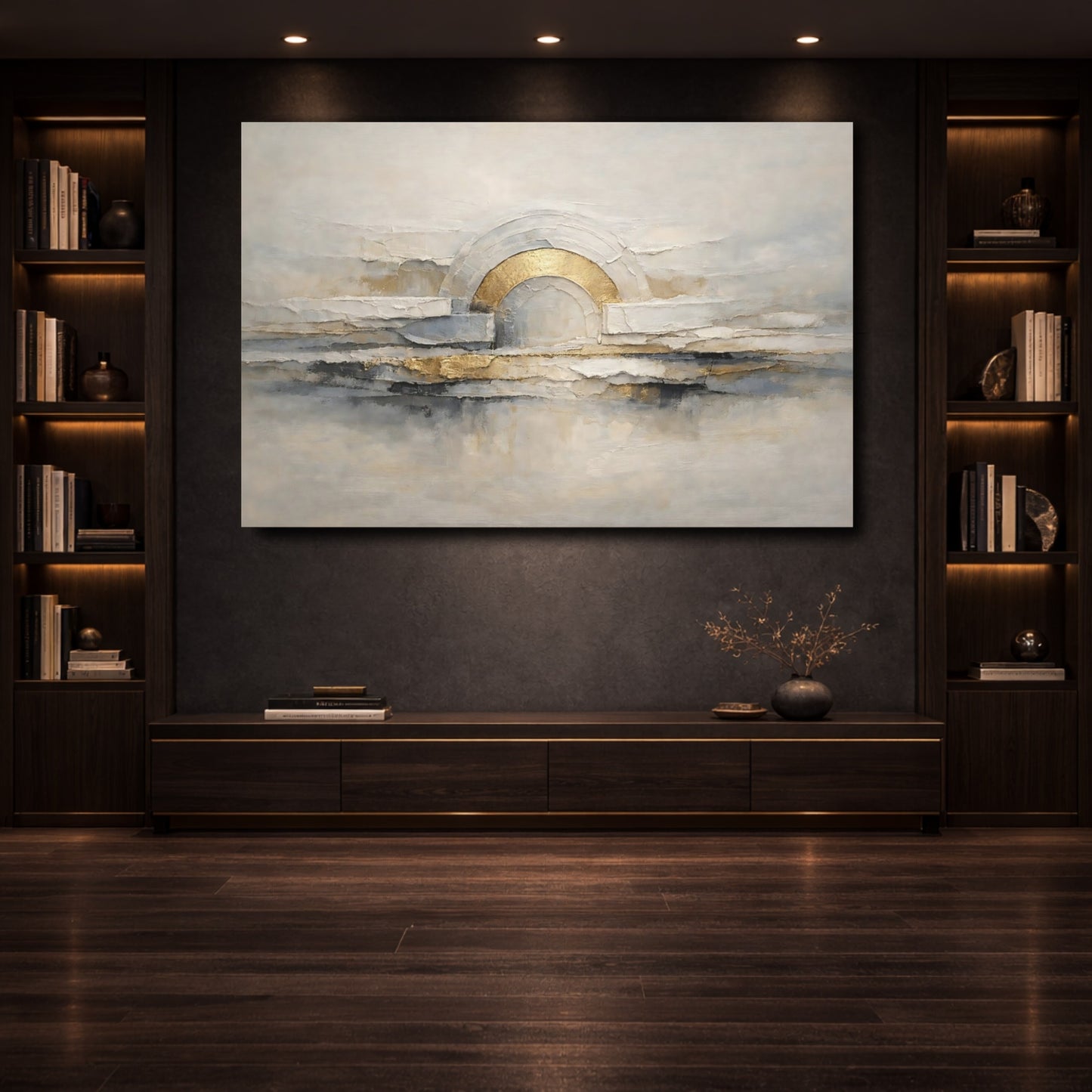 Mockup 3. Abstract Abstract Arch Abstract Gold Grey shown as stretched canvas wall art