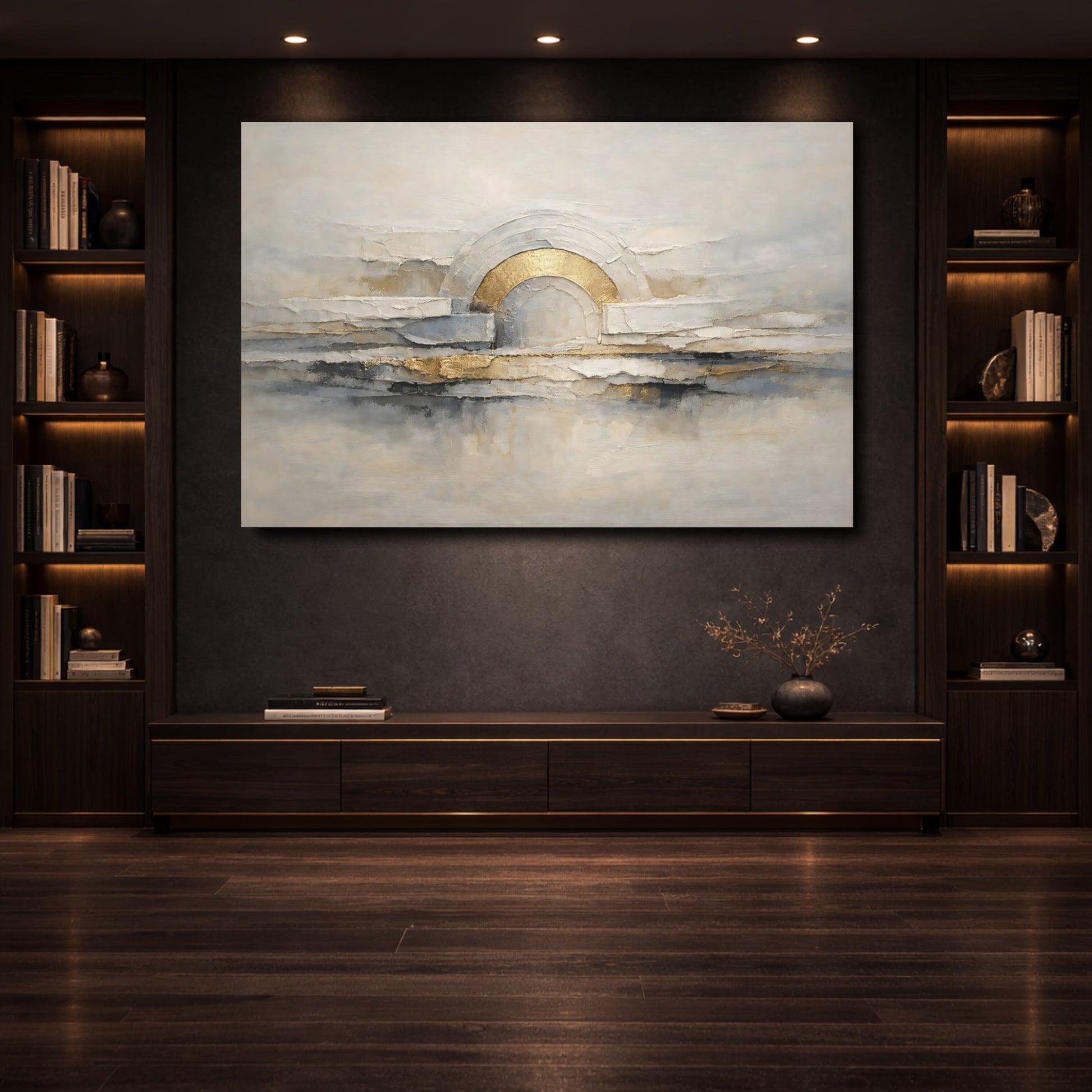 Mockup 3. Abstract Abstract Arch Abstract Gold Grey shown as stretched canvas wall art
