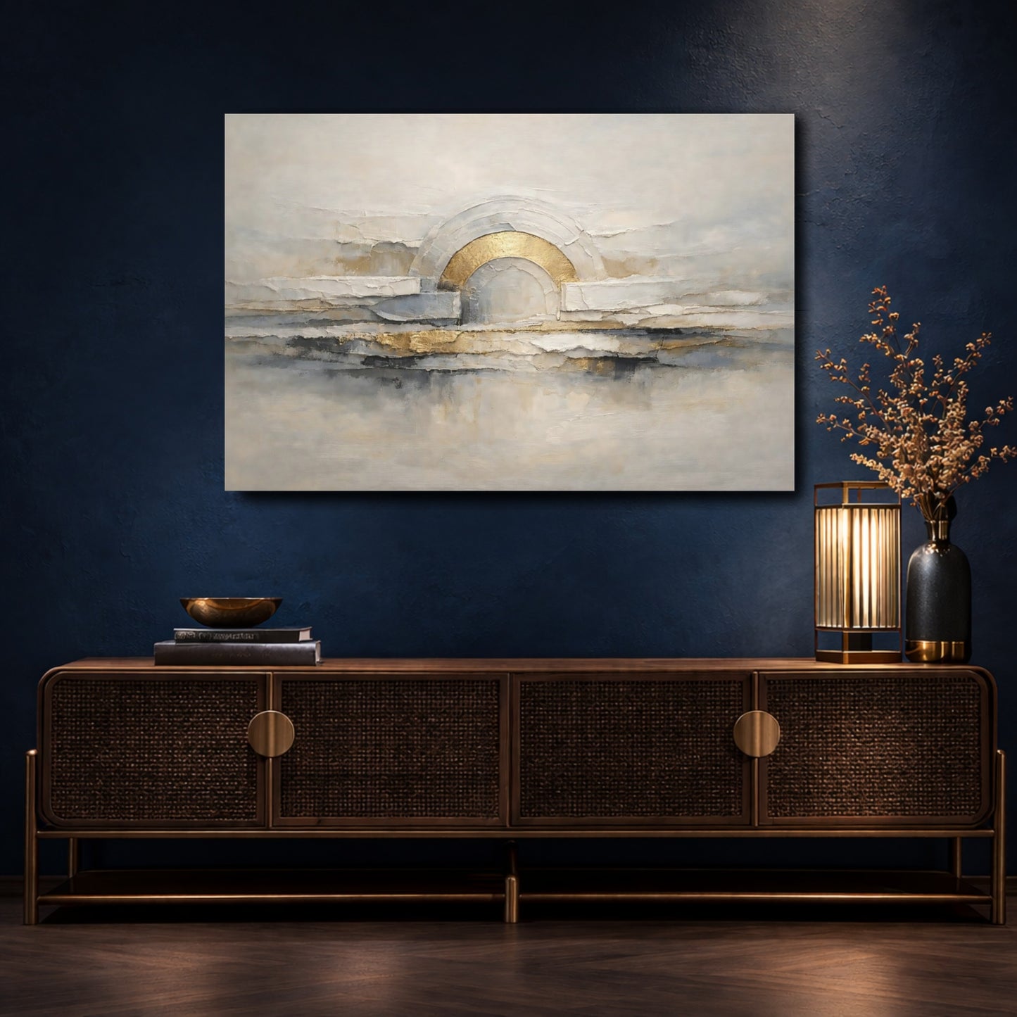 Mockup 4. Abstract Abstract Arch Abstract Gold Grey shown as stretched canvas wall art