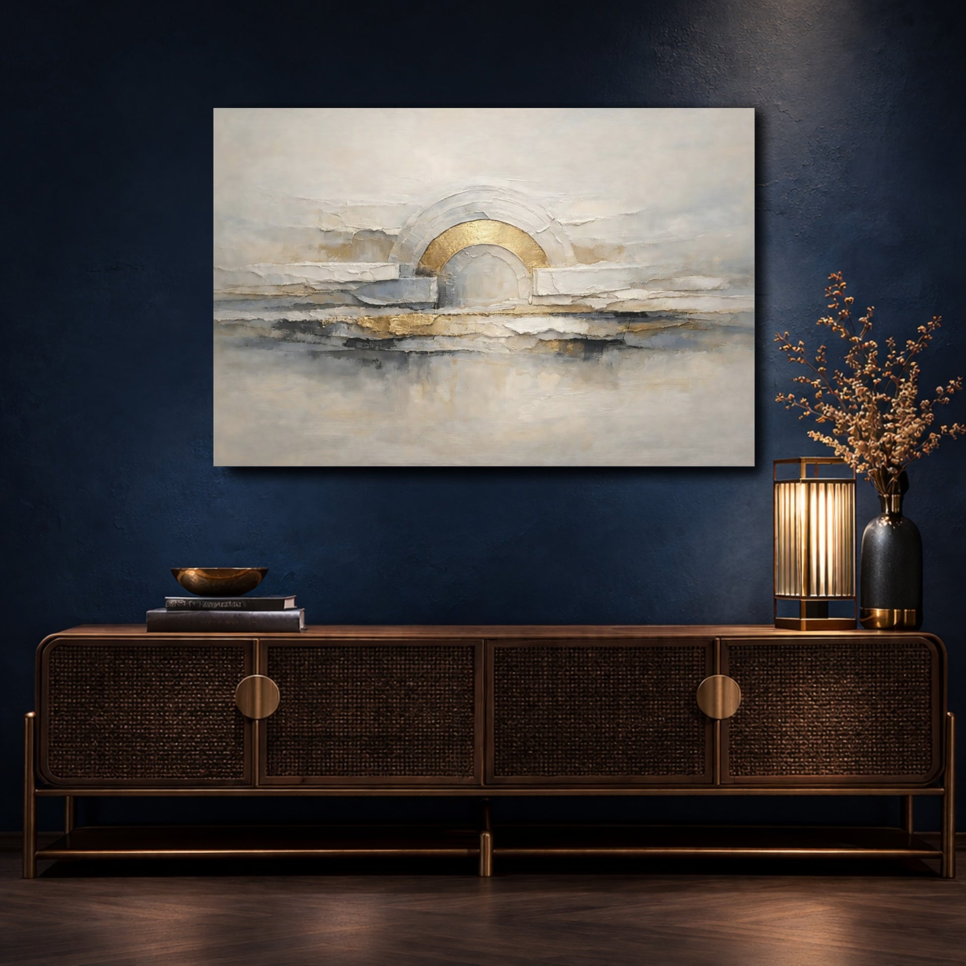Mockup 4. Abstract Abstract Arch Abstract Gold Grey shown as stretched canvas wall art